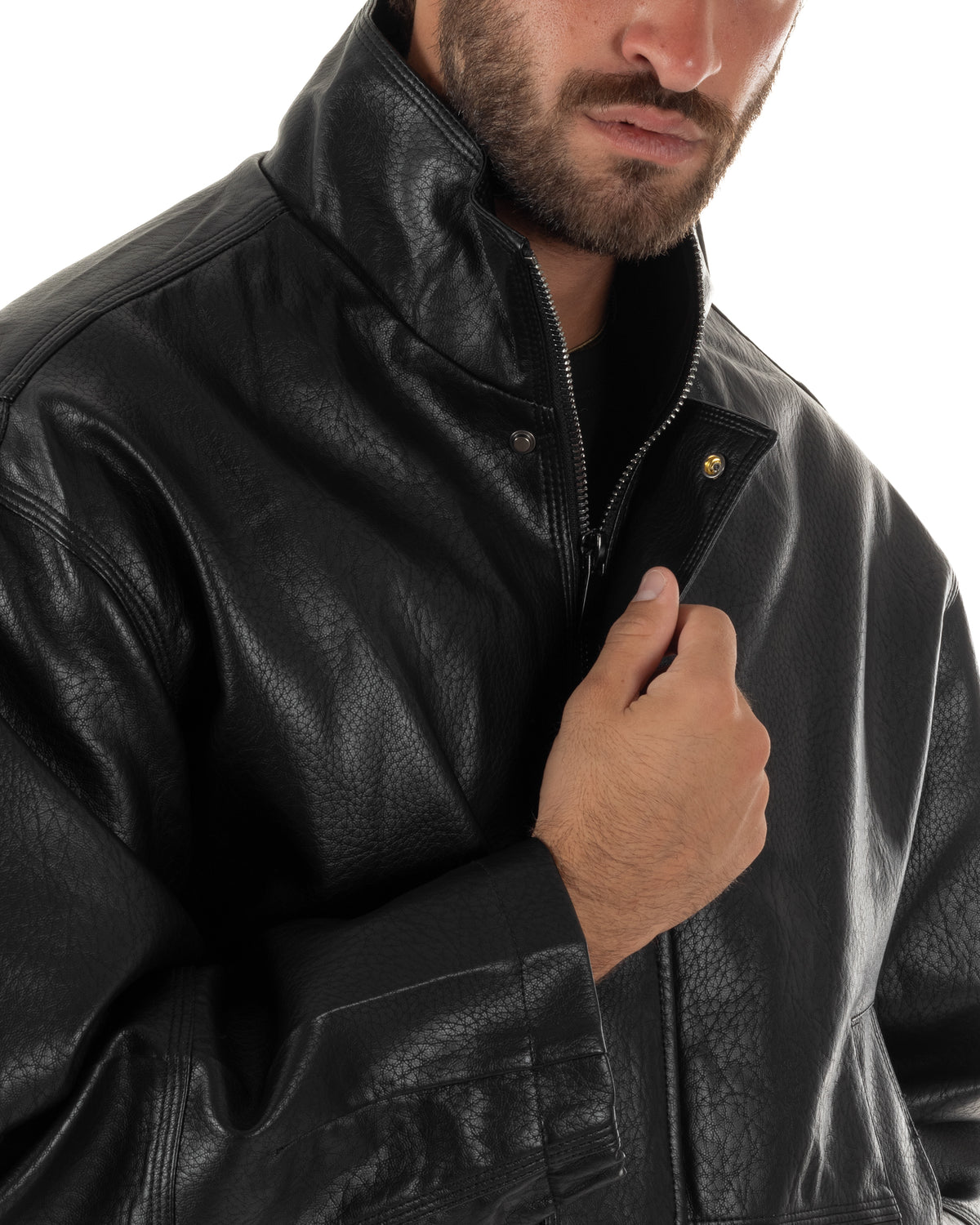 Giubbotto uomo crop giacca bomber boxy zip collo alto ecopelle nero GIOSAL-G3406A