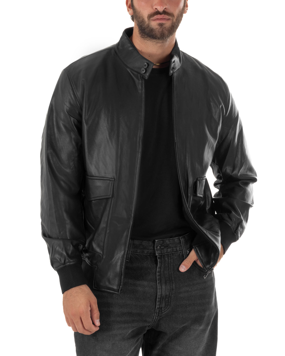 Giubbotto uomo college ecopelle biker collo alto tasche a patta nero GIOSAL-G3408A
