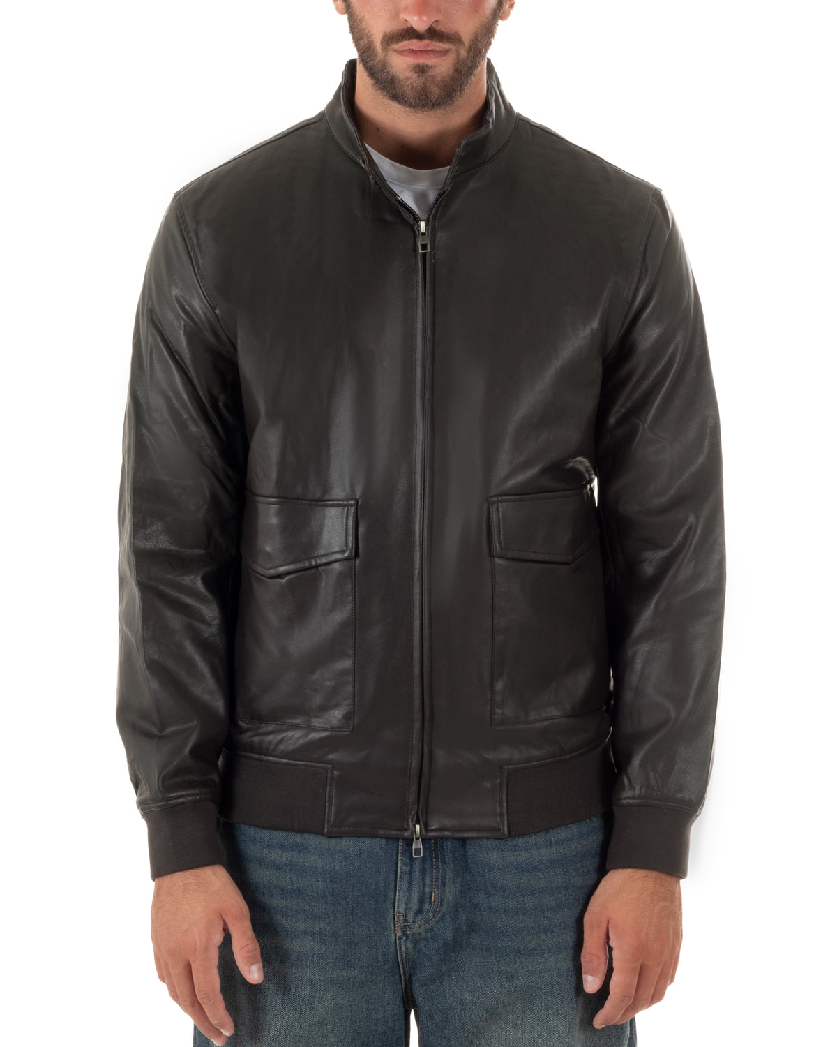 Giubbotto uomo college ecopelle biker collo alto tasche a patta testa di moro GIOSAL-G3409A