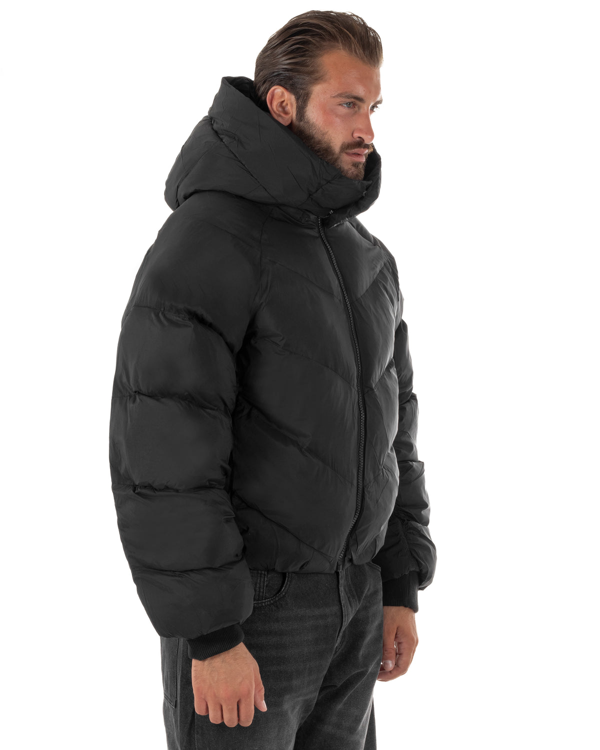 Giubbotto uomo oversize piumino bomber zip cappuccio opaco nero GIOSAL-G3410A