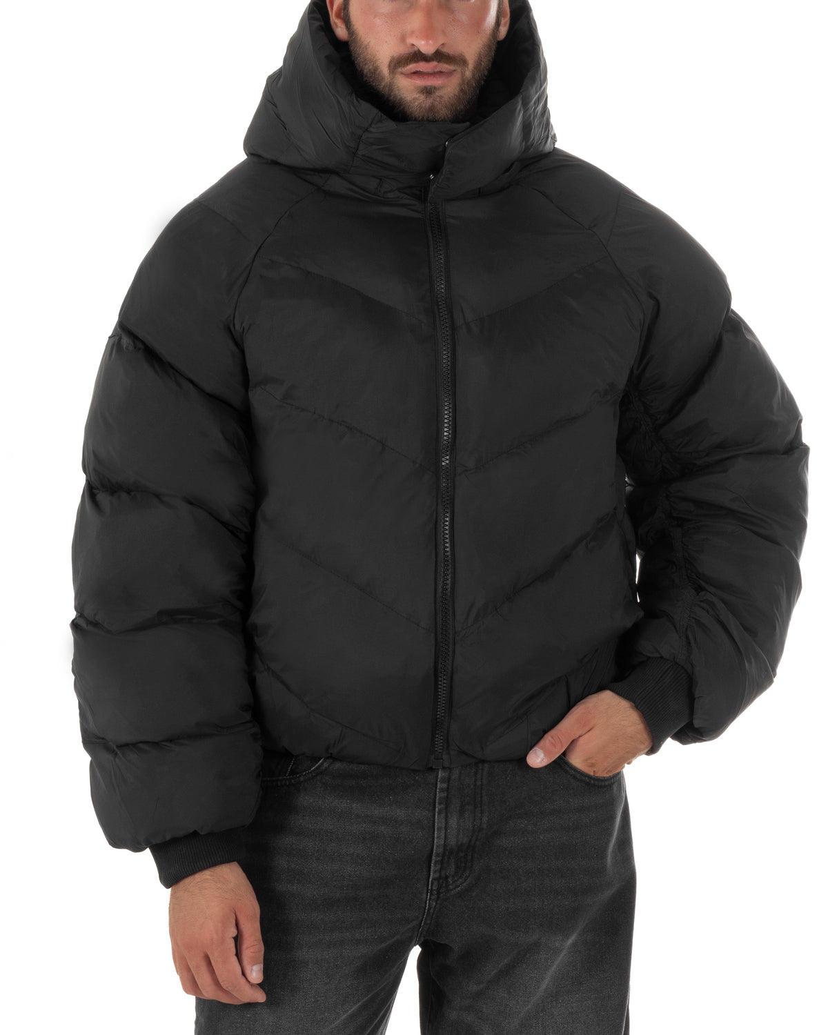 Giubbotto uomo oversize piumino bomber zip cappuccio opaco nero GIOSAL-G3410A