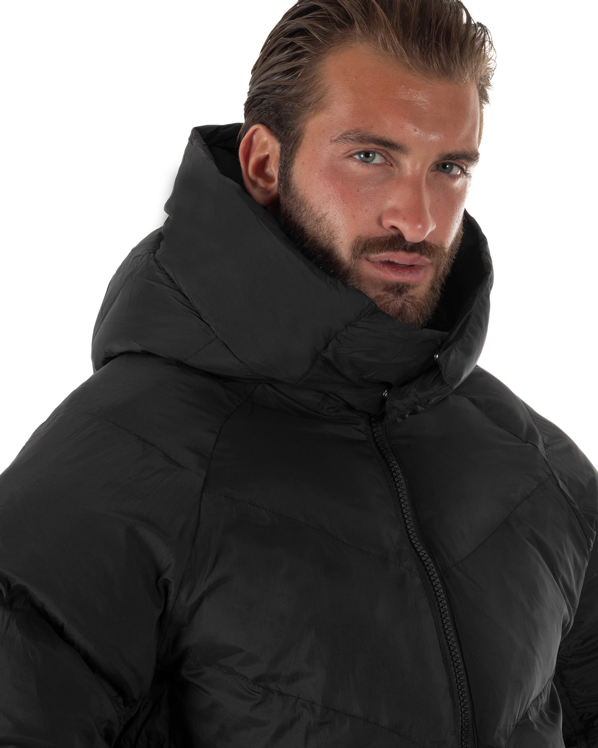 Giubbotto uomo oversize piumino bomber zip cappuccio opaco nero GIOSAL-G3410A