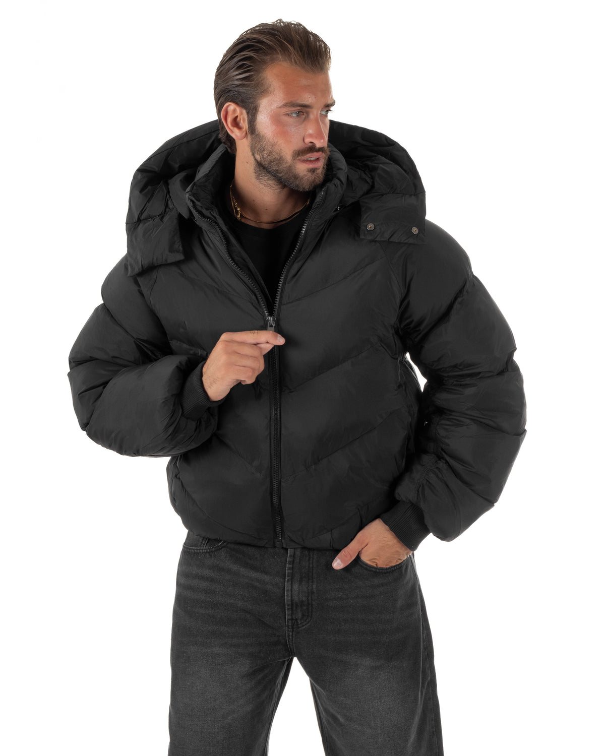 Giubbotto uomo oversize piumino bomber zip cappuccio opaco nero GIOSAL-G3410A