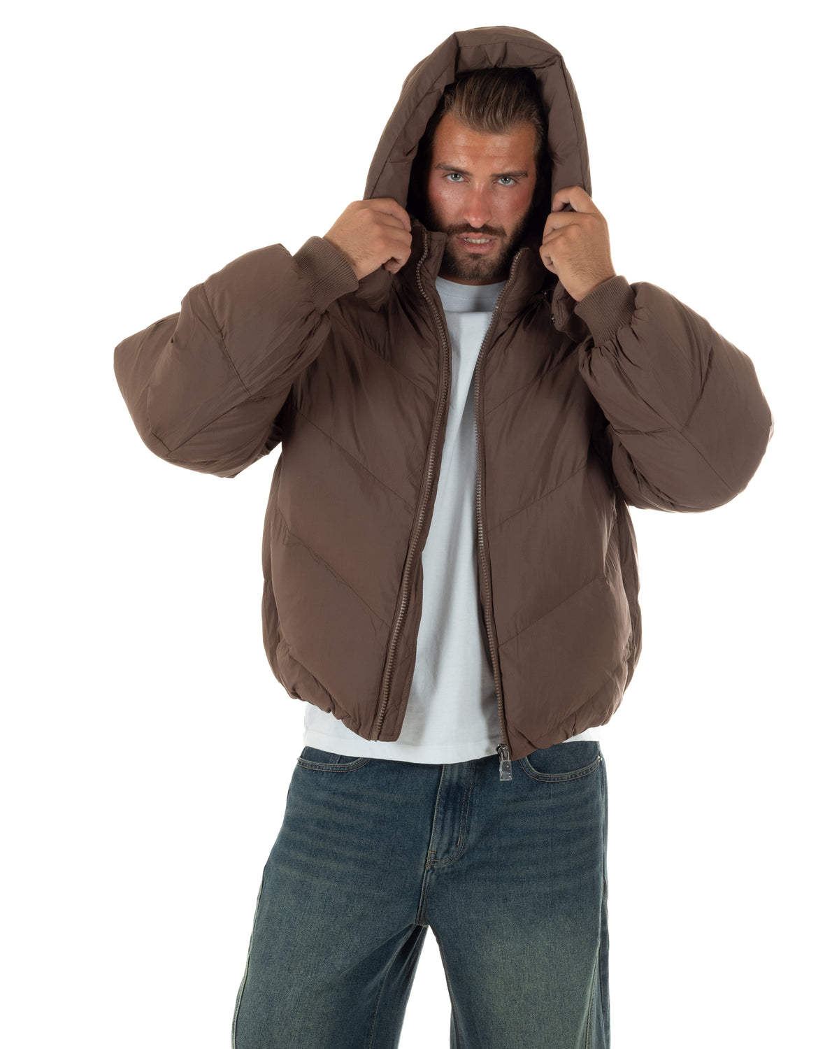 Giubbotto uomo oversize piumino bomber zip cappuccio opaco marrone GIOSAL-G3411A