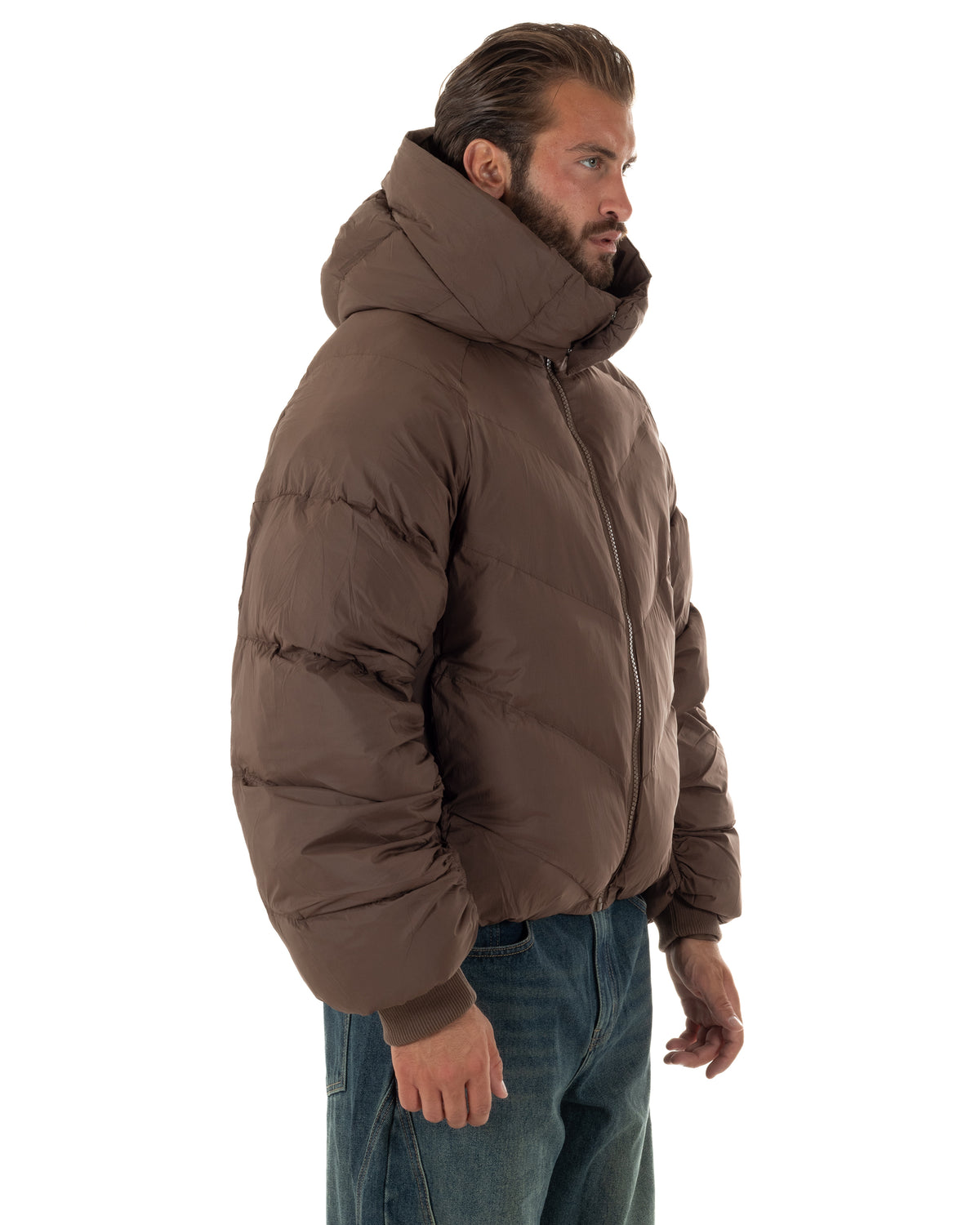 Giubbotto uomo oversize piumino bomber zip cappuccio opaco marrone GIOSAL-G3411A
