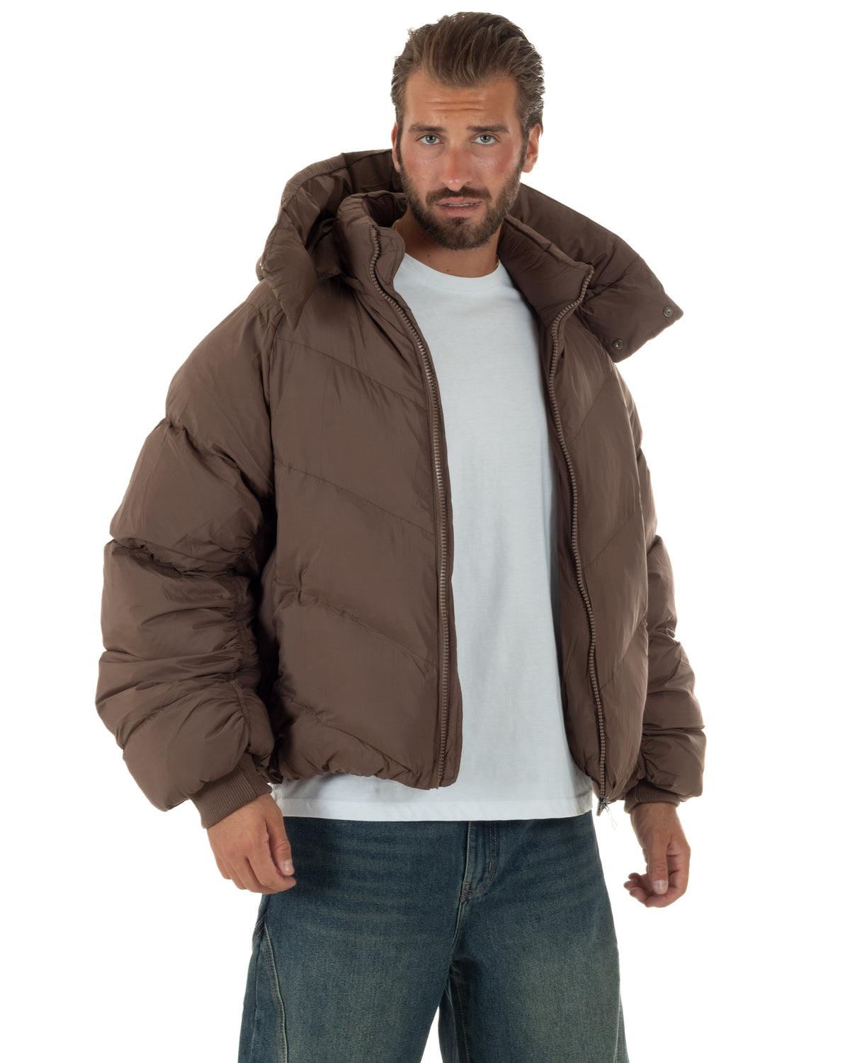 Giubbotto uomo oversize piumino bomber zip cappuccio opaco marrone GIOSAL-G3411A