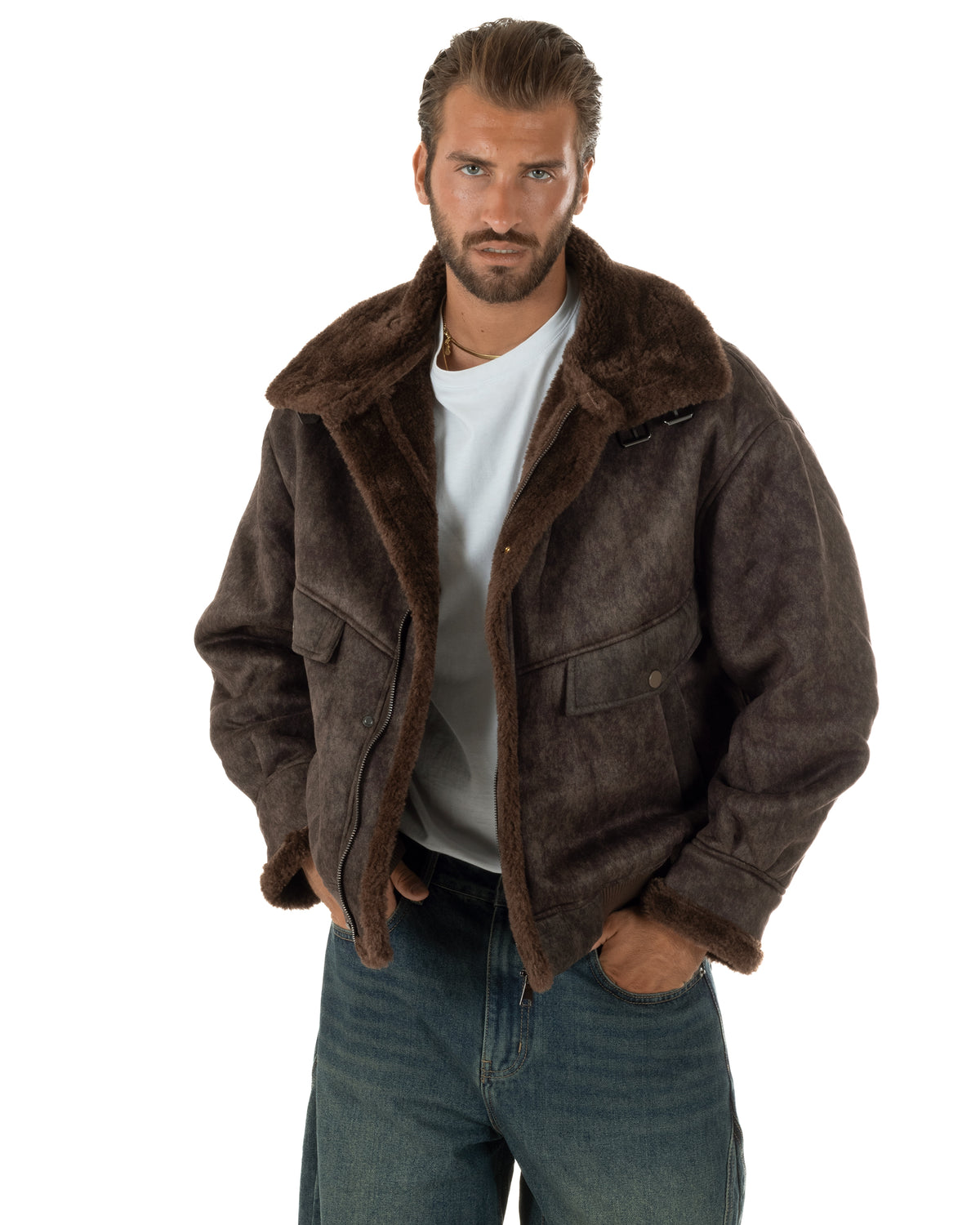 Giubbotto montone uomo camoscio imbottito giacca zip pelliccia marrone GIOSAL-G3412A