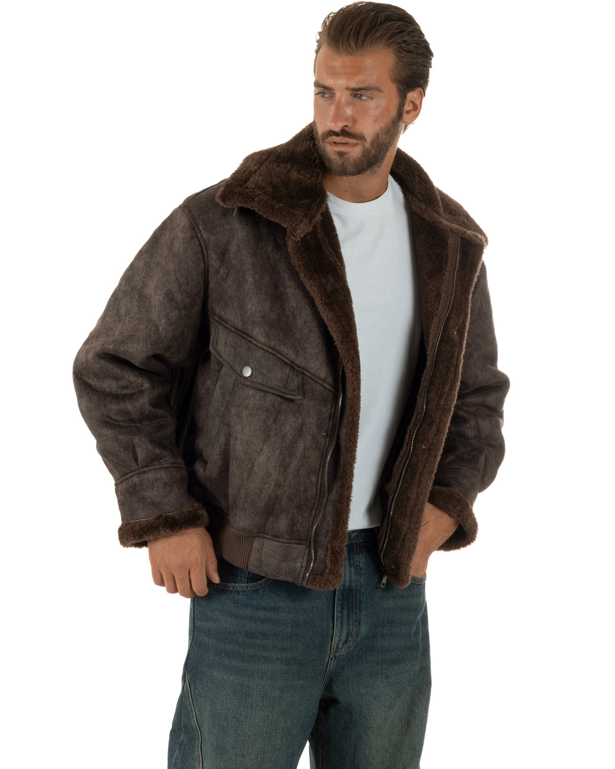 Giubbotto montone uomo camoscio imbottito giacca zip pelliccia marrone GIOSAL-G3412A