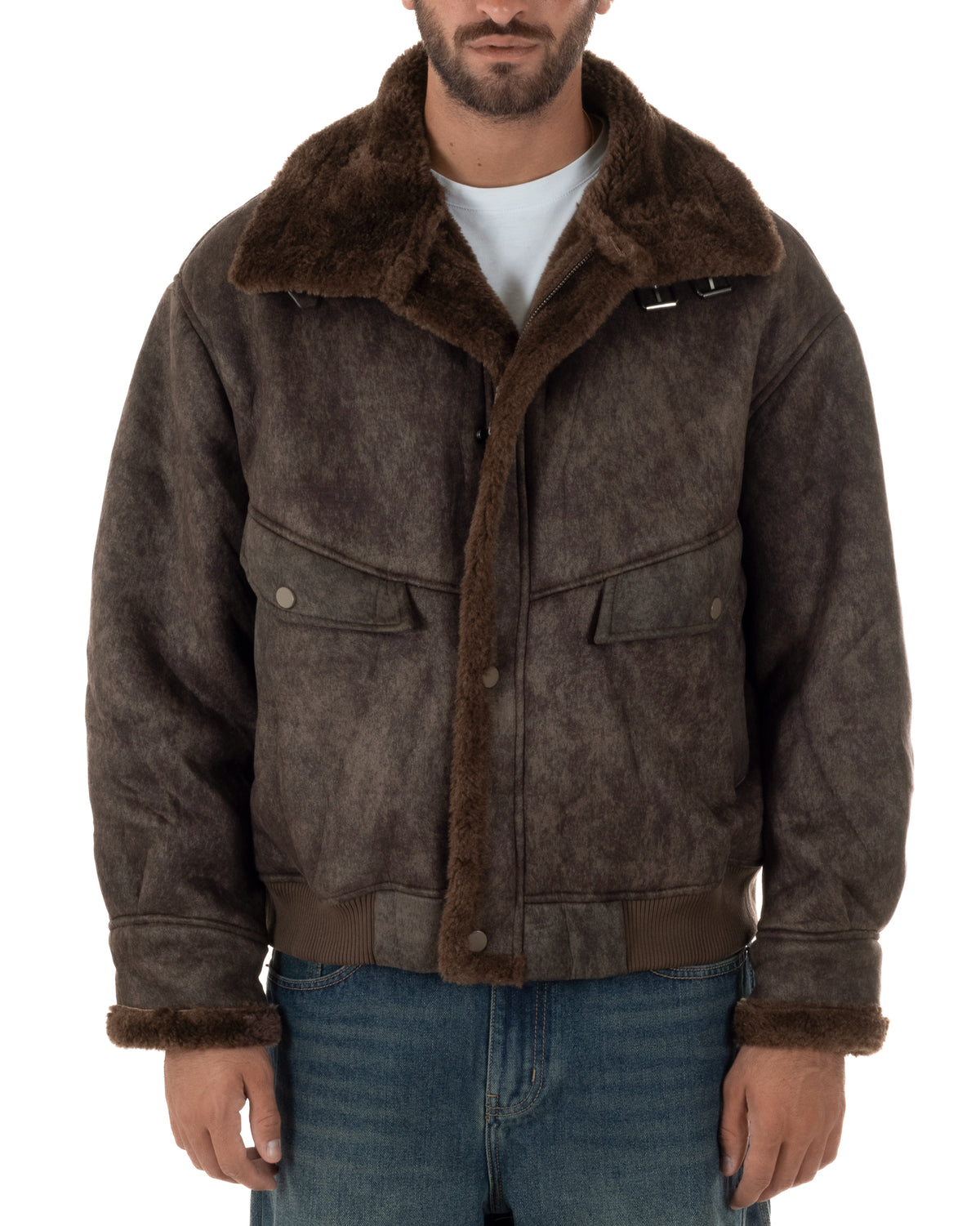 Giubbotto montone uomo camoscio imbottito giacca zip pelliccia marrone GIOSAL-G3412A
