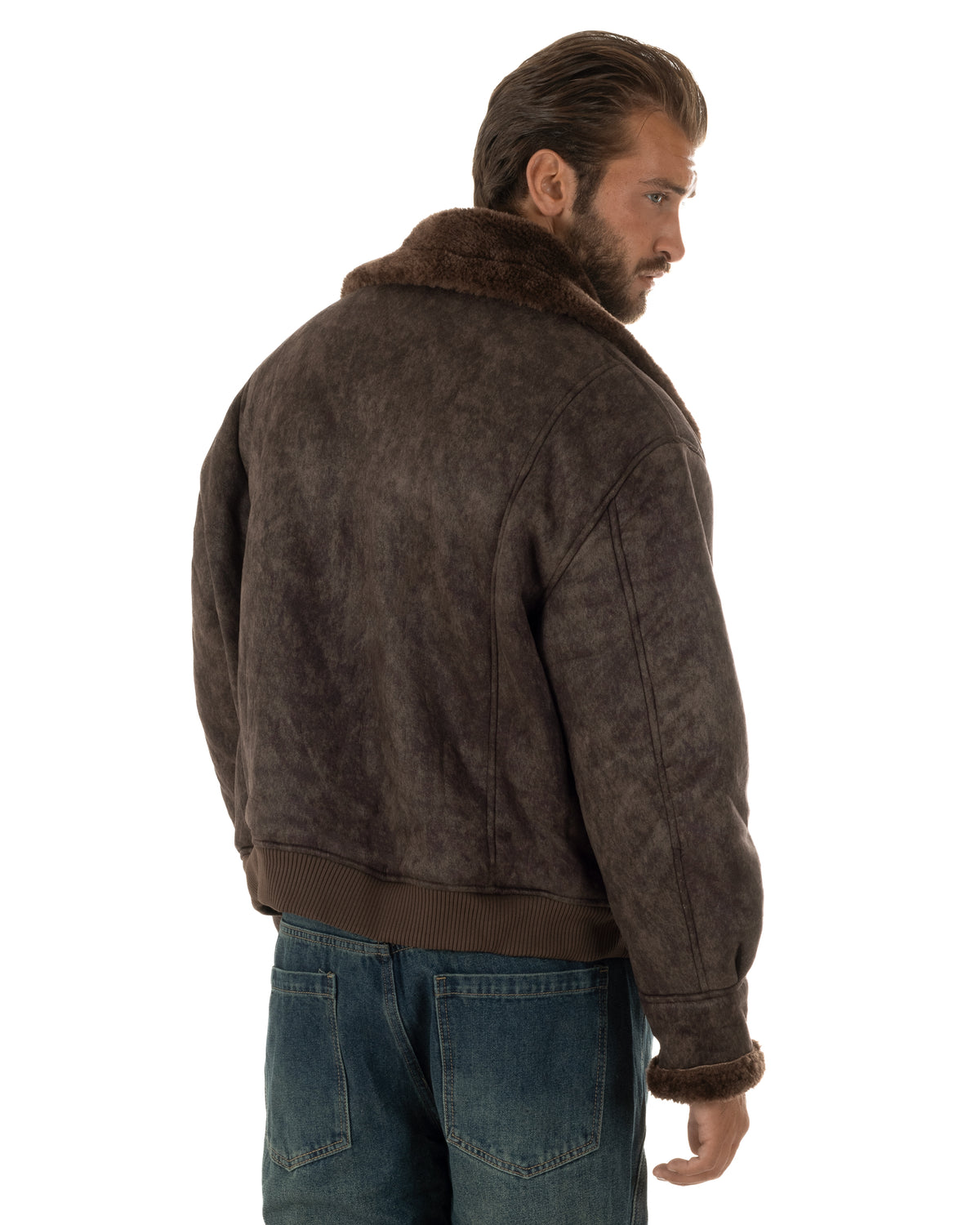 Giubbotto montone uomo camoscio imbottito giacca zip pelliccia marrone GIOSAL-G3412A