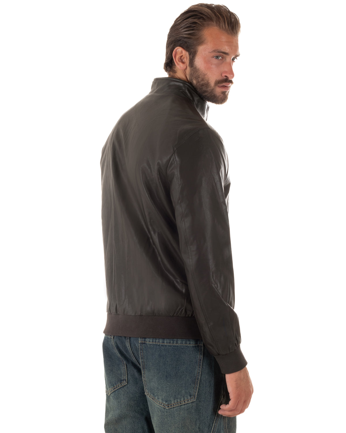 Giubbotto uomo in ecopelle marrone scuro dal design college