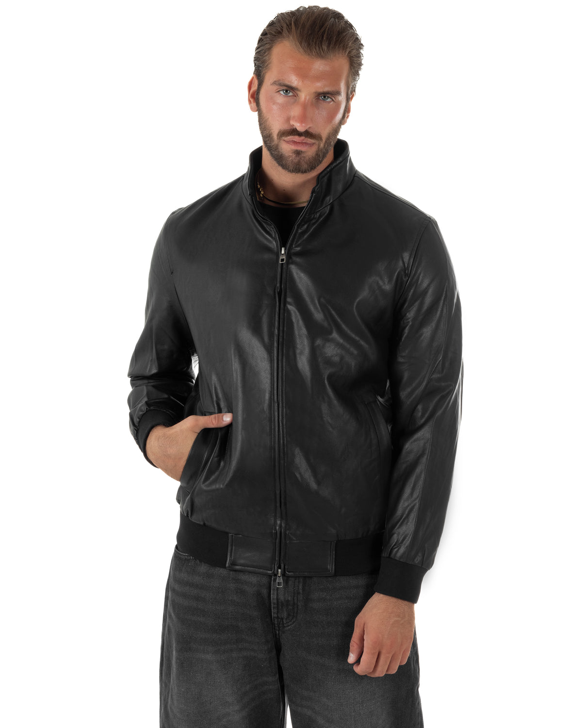 Giubbotto uomo college ecopelle biker collo alto chiusura zip nero GIOSAL-G3415A
