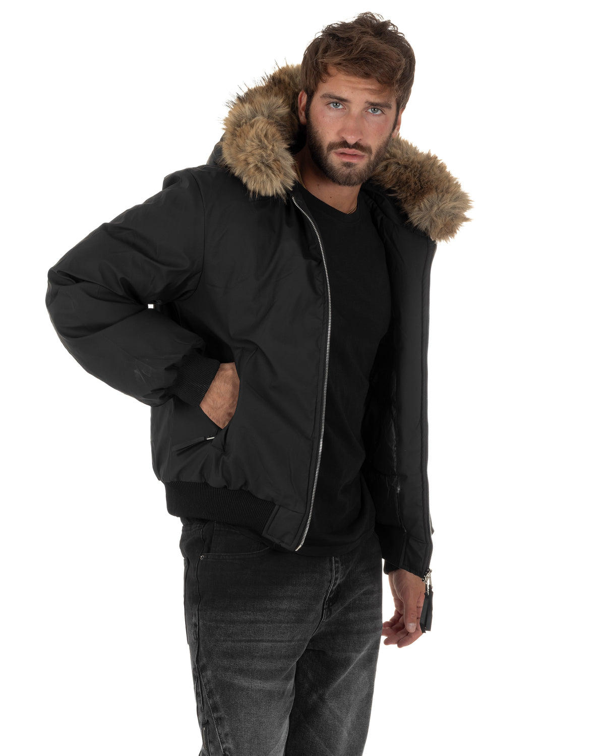 Giubbotto uomo bomber imbottito zip con cappuccio pelliccia nero GIOSAL-G3416A