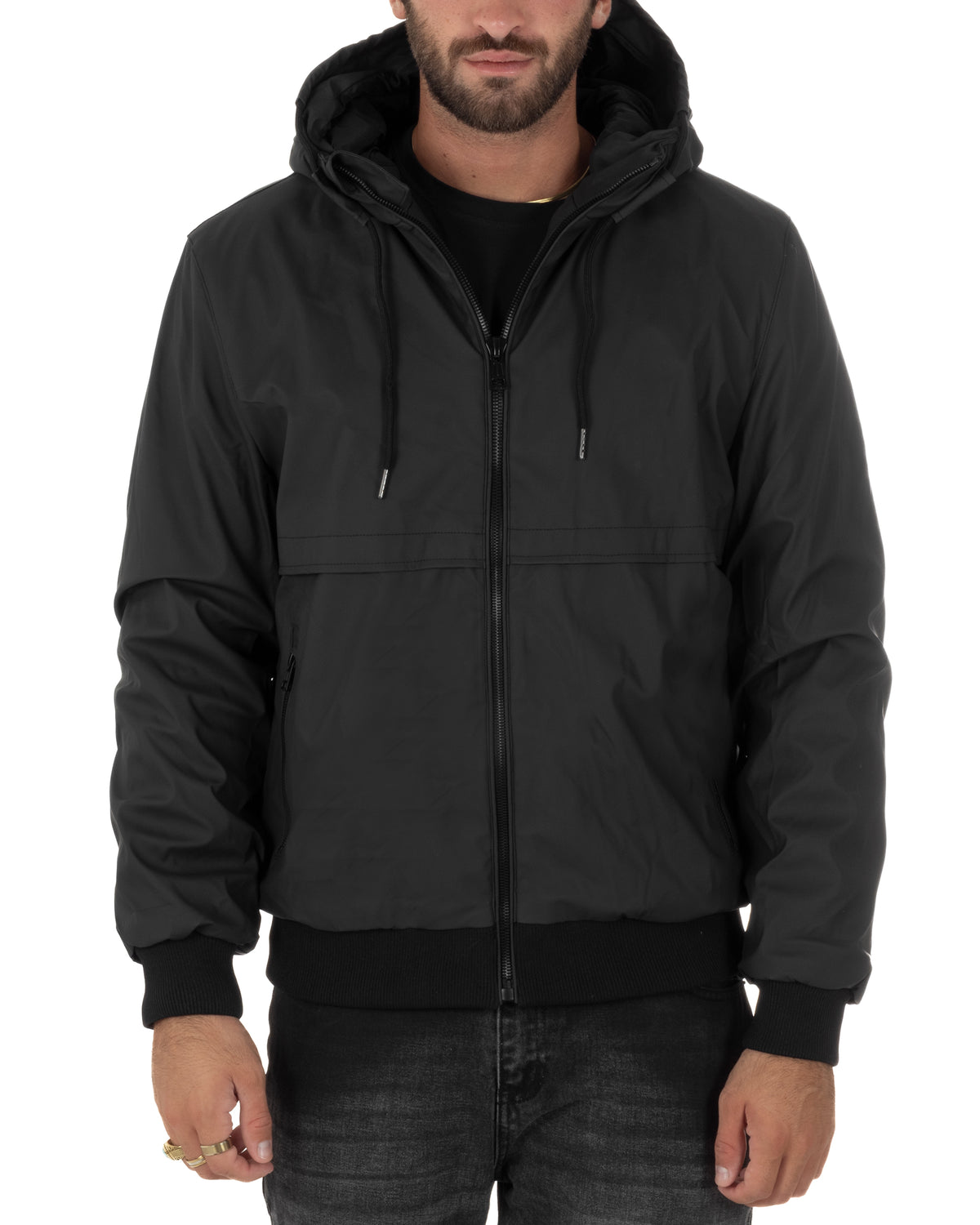 Giubbotto uomo tessuto tecnico imbottito zip cappuccio nero GIOSAL-G3417A