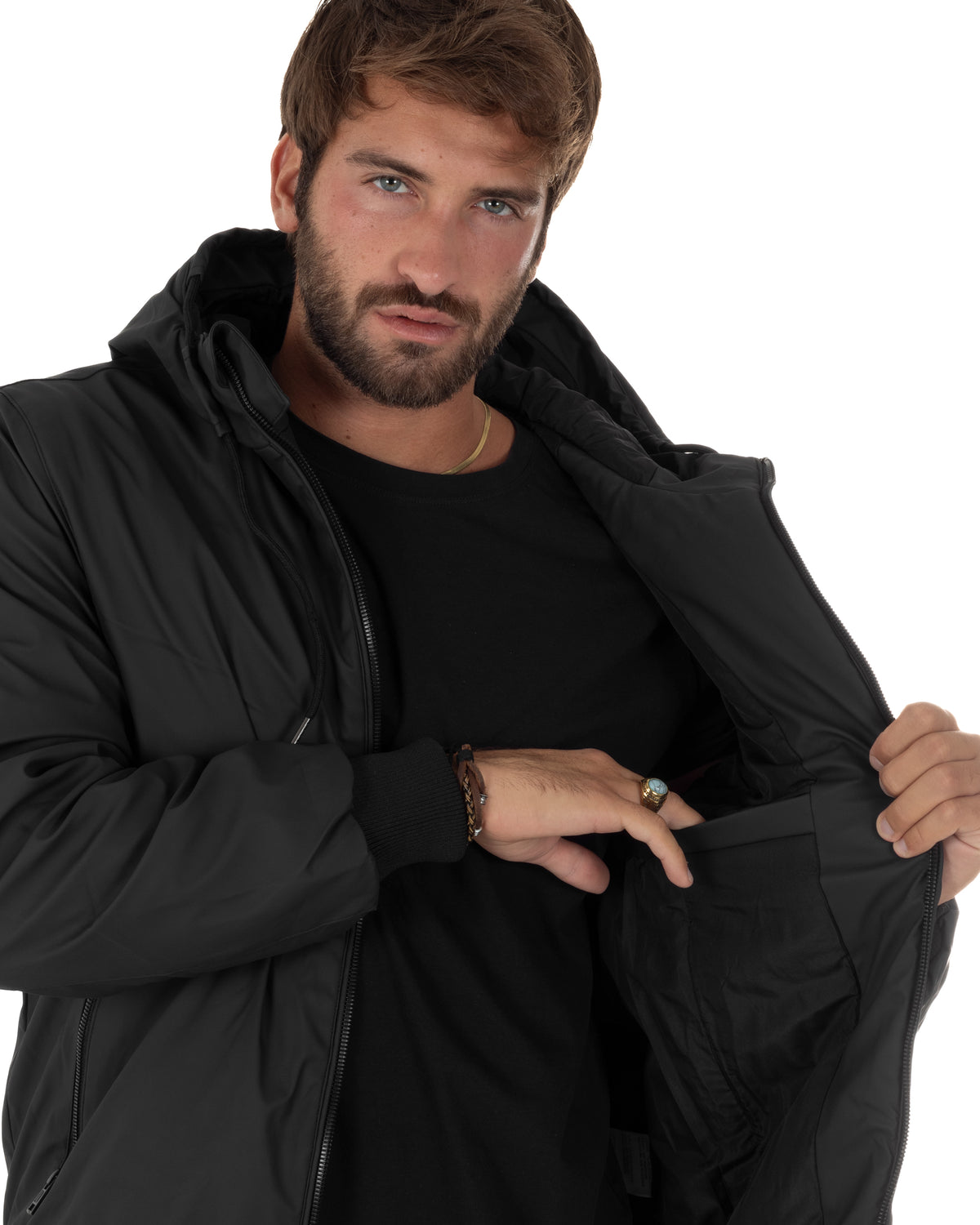 Giubbotto uomo tessuto tecnico imbottito zip cappuccio nero GIOSAL-G3417A