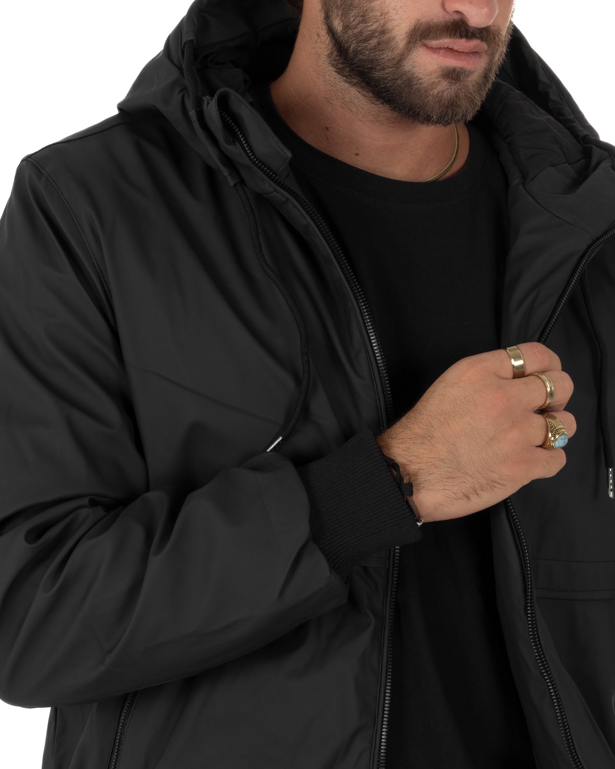 Giubbotto uomo tessuto tecnico imbottito zip cappuccio nero GIOSAL-G3417A
