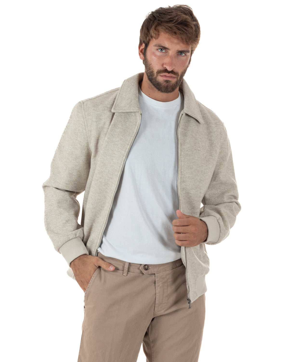 Giubbotto uomo giacca camicia colletto zip beige GIOSAL-G3418A