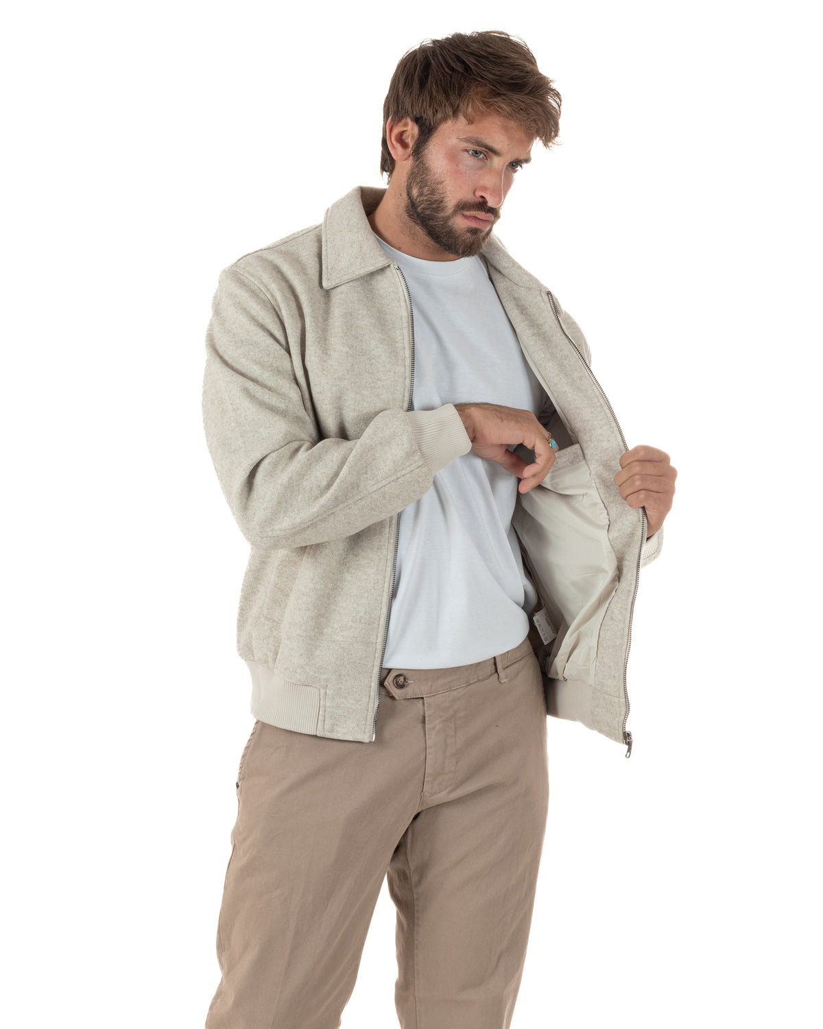 Giubbotto uomo giacca camicia colletto zip beige GIOSAL-G3418A