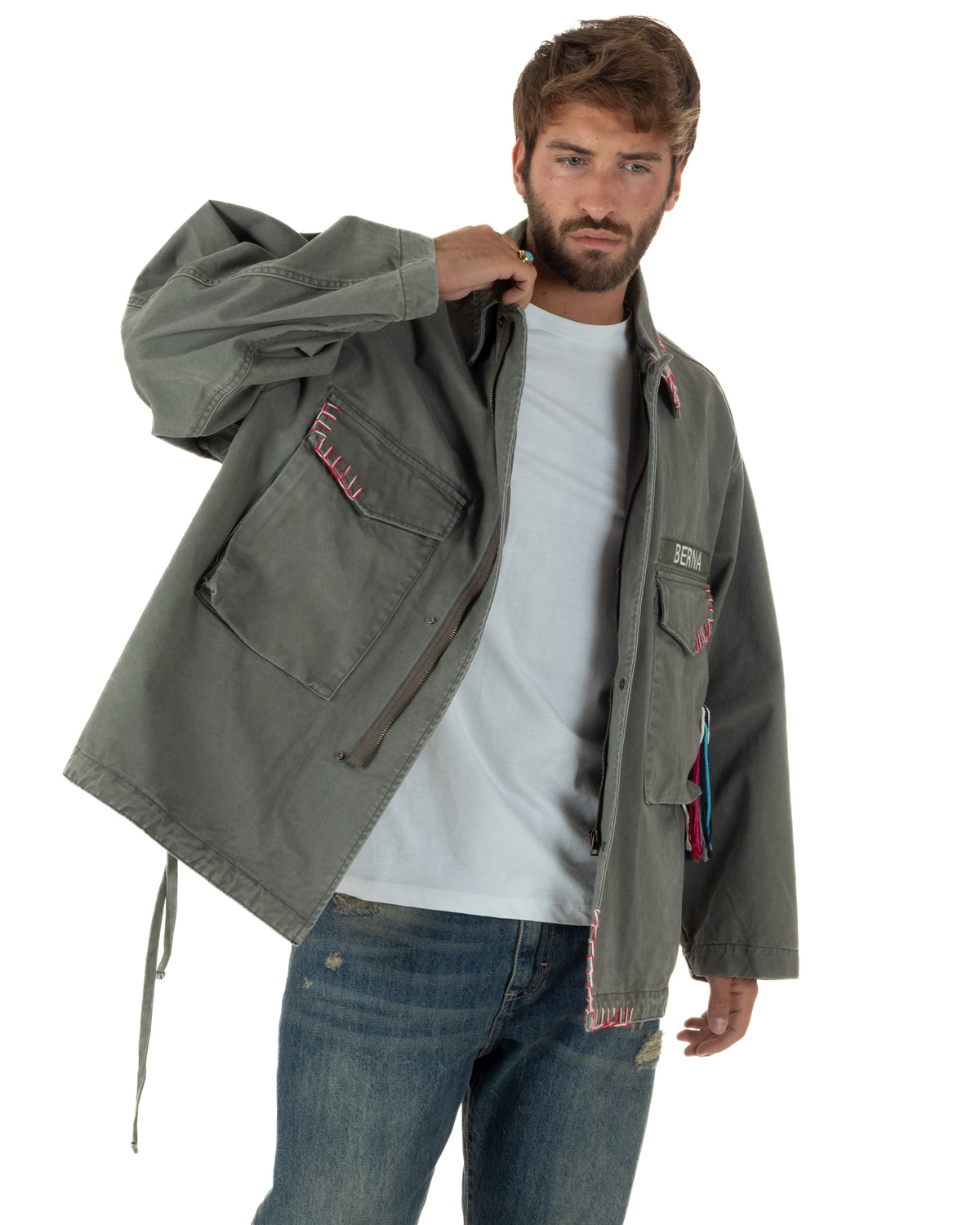 OverJacket giubbotto uomo sahariana camicione ricami verde militare Berna-M 262388-6