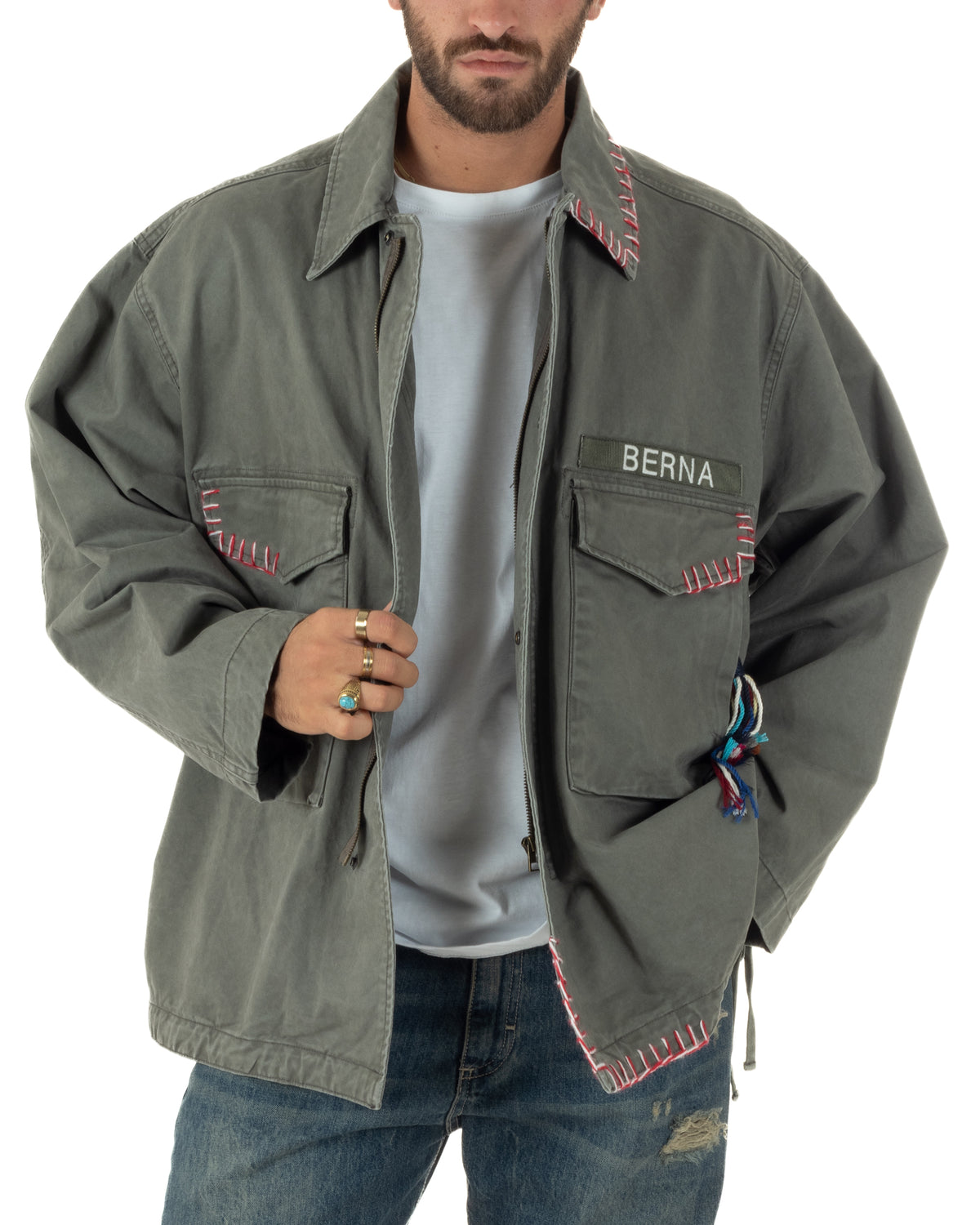 OverJacket giubbotto uomo sahariana camicione ricami verde militare Berna-M 262388-6