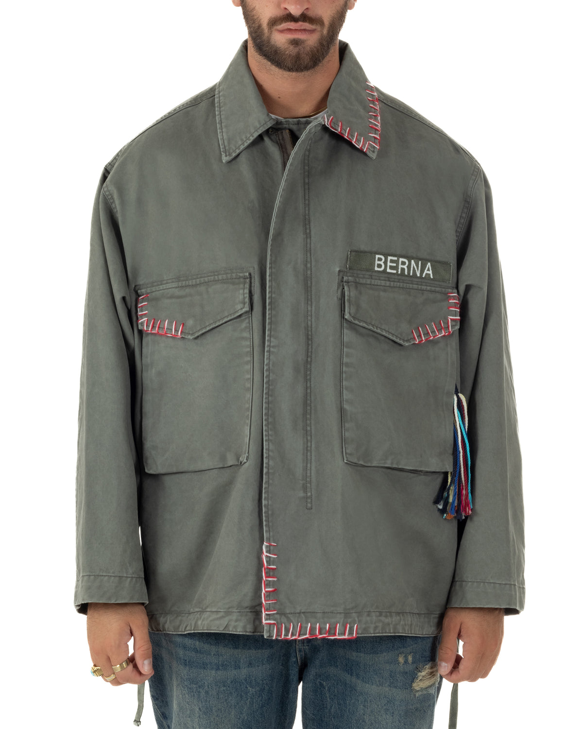 OverJacket giubbotto uomo sahariana camicione ricami verde militare Berna-M 262388-6