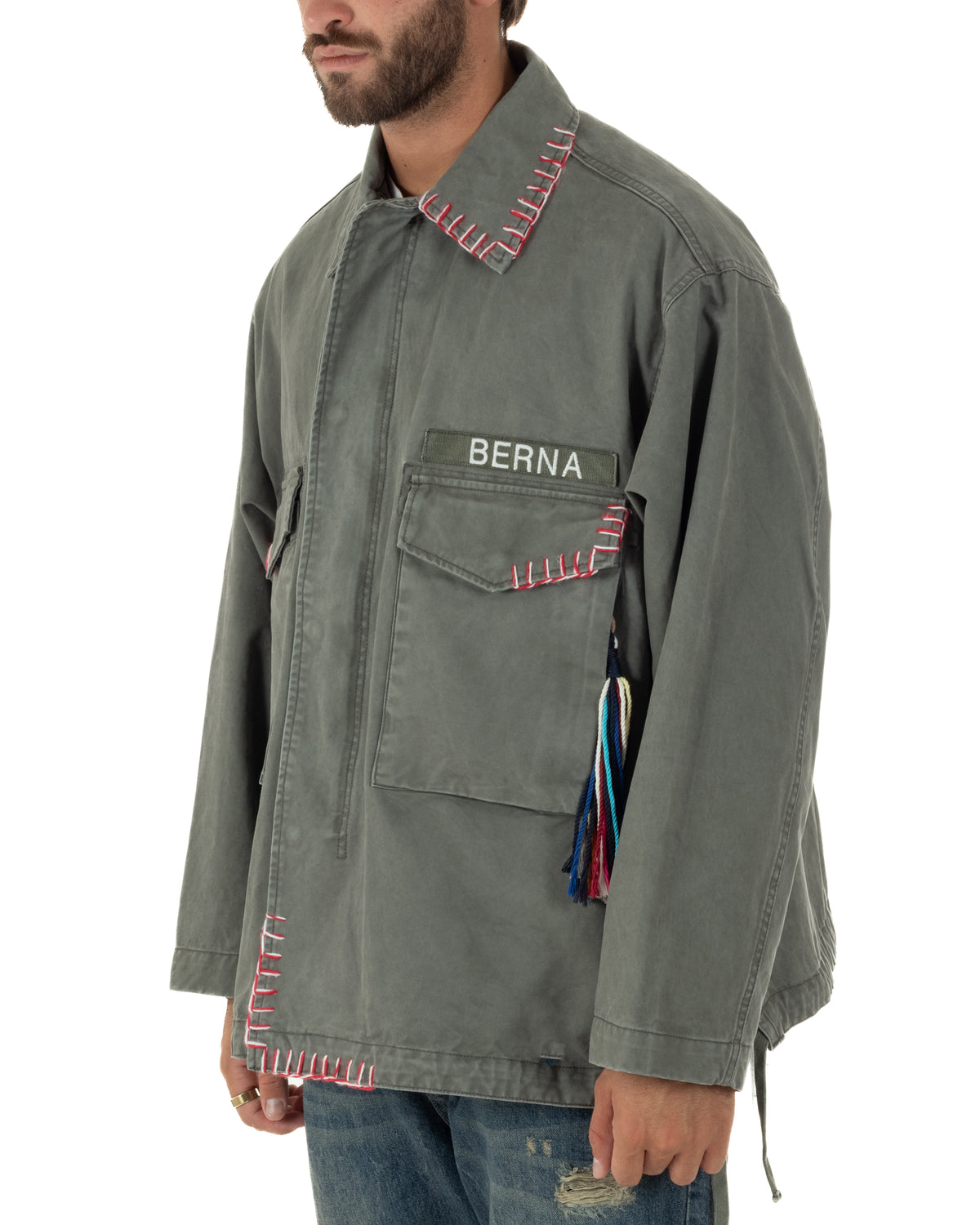 OverJacket giubbotto uomo sahariana camicione ricami verde militare Berna-M 262388-6