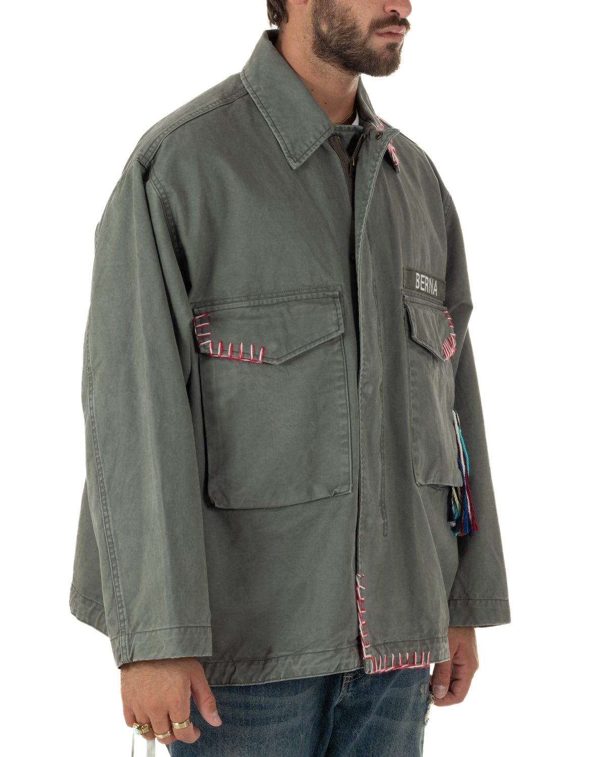 OverJacket giubbotto uomo sahariana camicione ricami verde militare Berna-M 262388-6