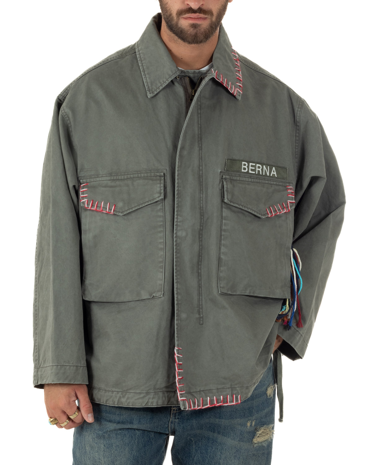 OverJacket giubbotto uomo sahariana camicione ricami verde militare Berna-M 262388-6