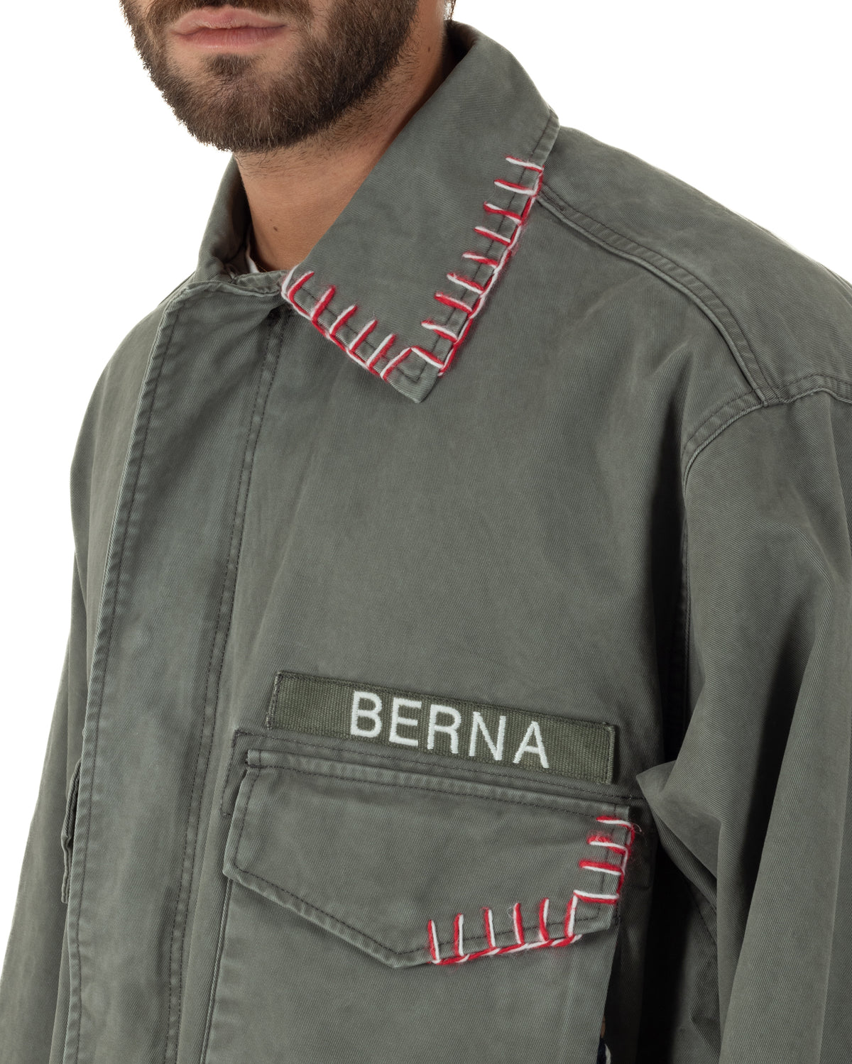 OverJacket giubbotto uomo sahariana camicione ricami verde militare Berna-M 262388-6