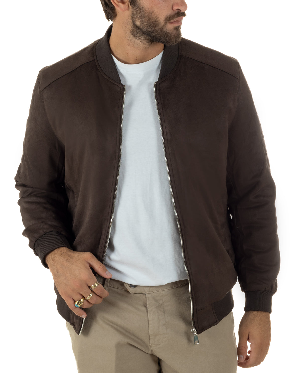 Giubbotto bomber uomo camoscio college zip marrone GIOSAL-G3420A
