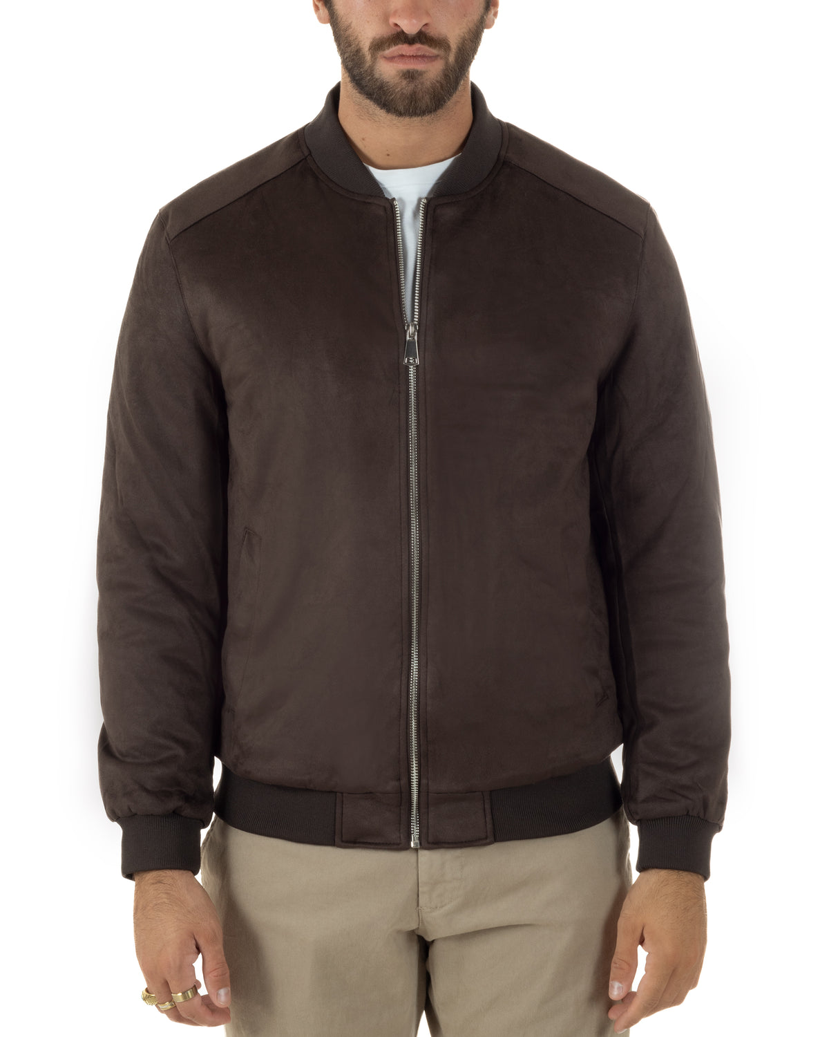 Giubbotto bomber uomo camoscio college zip marrone GIOSAL-G3420A