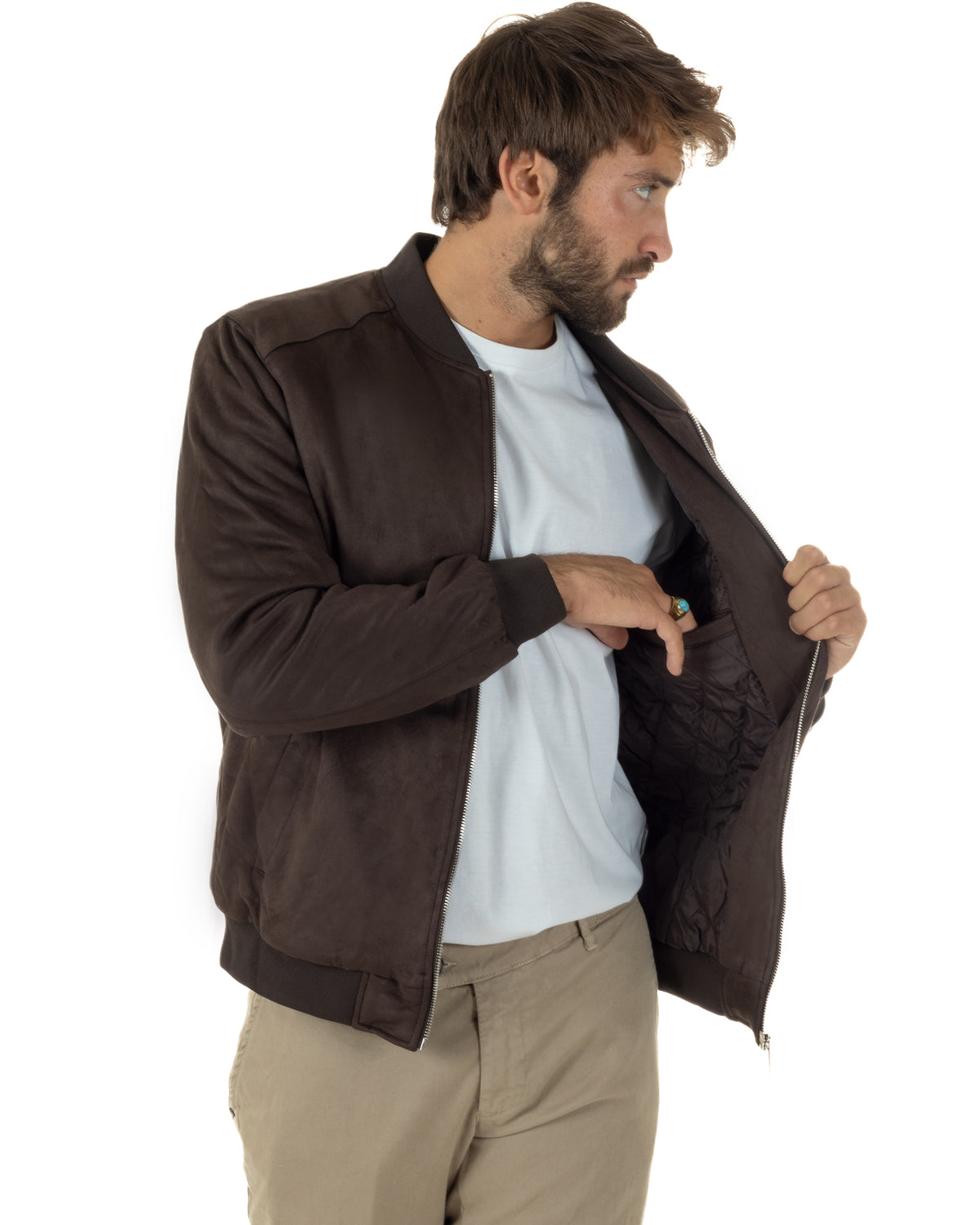 Giubbotto bomber uomo camoscio college zip marrone GIOSAL-G3420A
