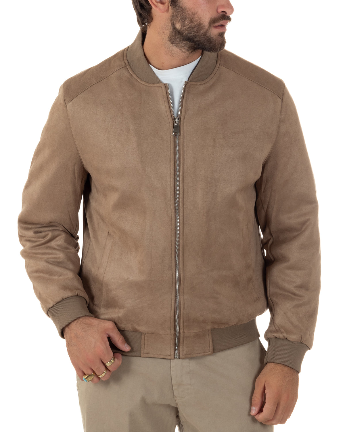 Giubbotto bomber uomo camoscio college zip beige GIOSAL-G3421A