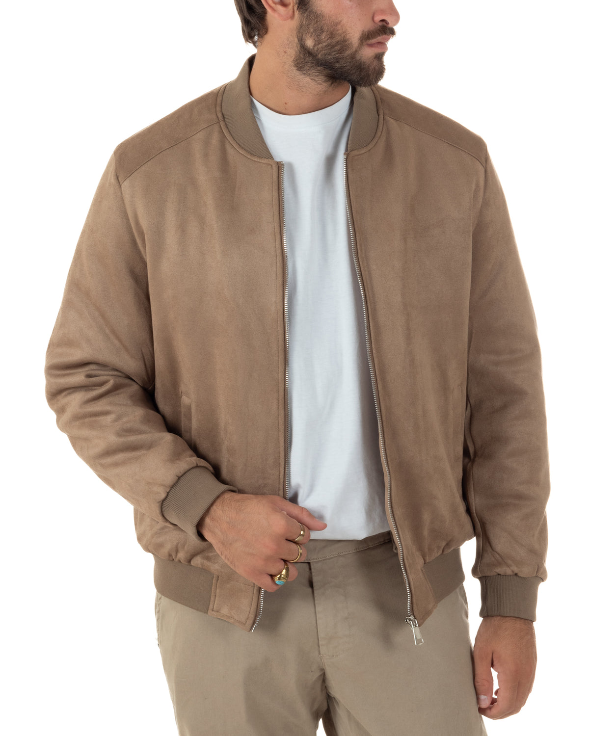 Giubbotto bomber uomo camoscio college zip beige GIOSAL-G3421A