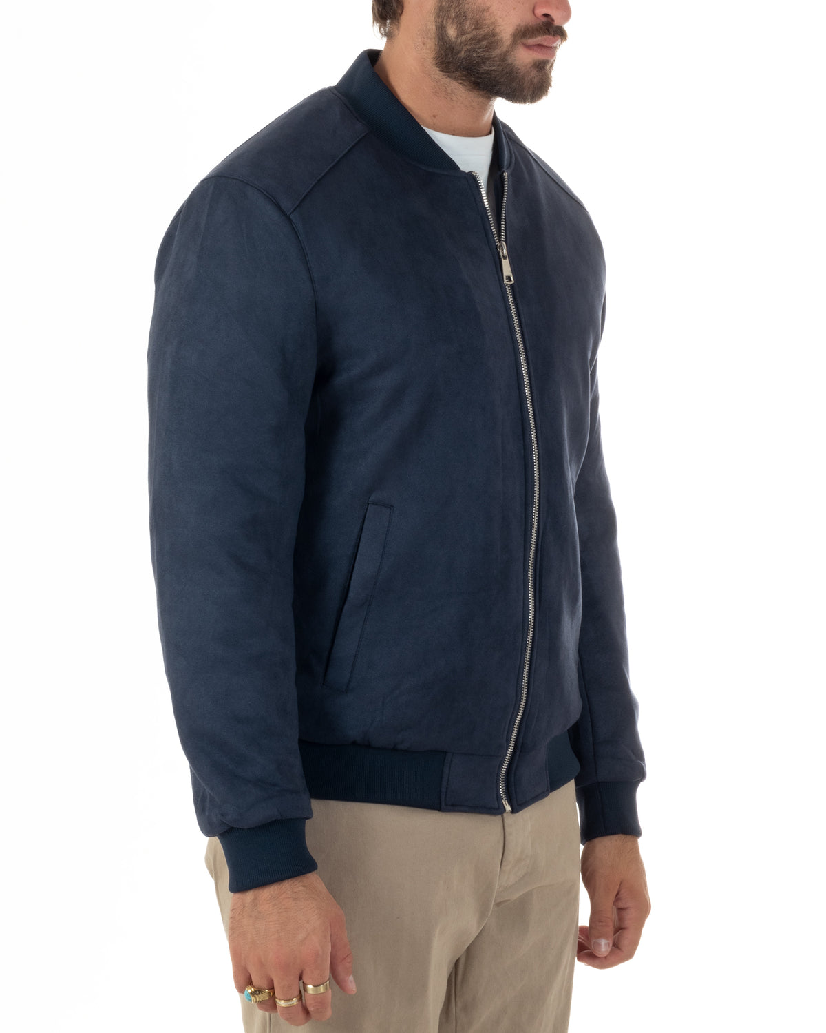 Giubbotto bomber uomo camoscio college zip blu GIOSAL-G3422A