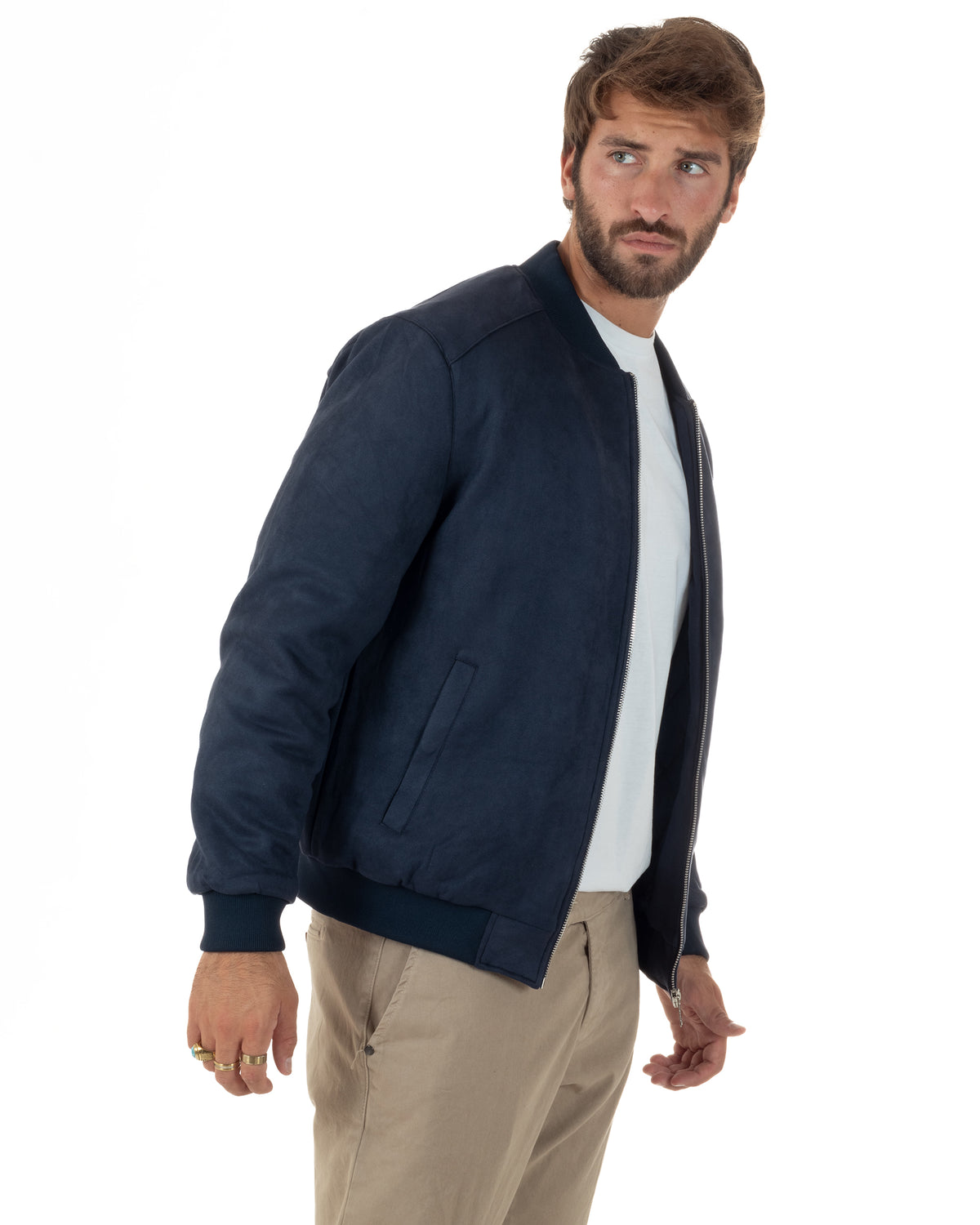Giubbotto bomber uomo camoscio college zip blu GIOSAL-G3422A