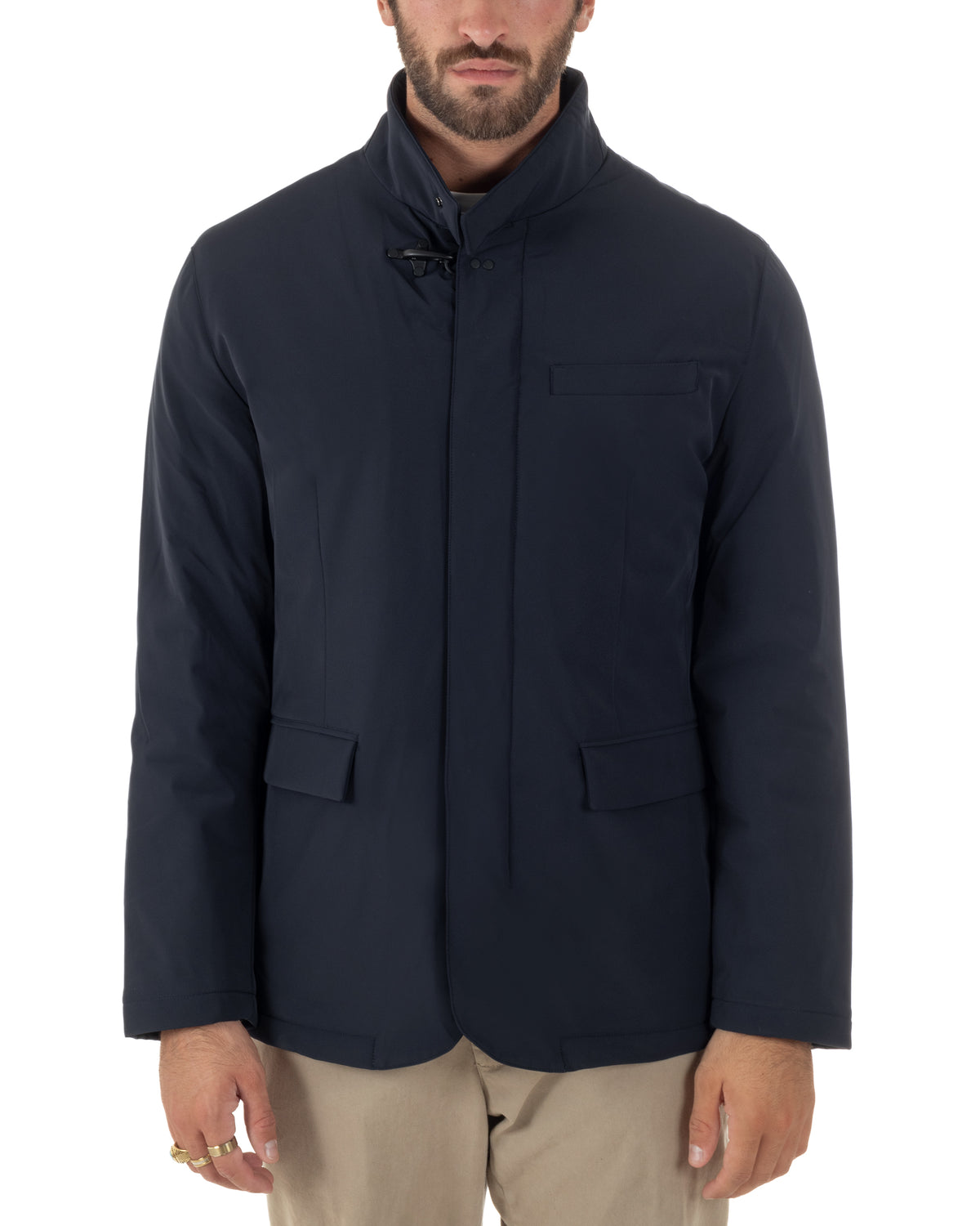Giubbotto GIOSAL blu regular fit con collo rialzato e chiusura frontale aperta.