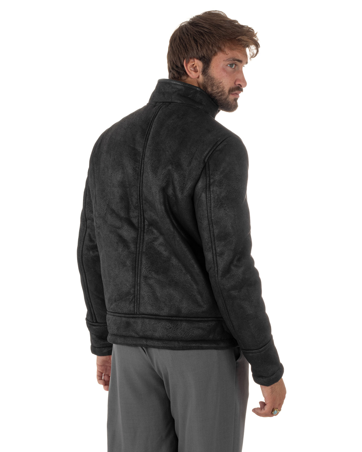 Giubbotto montone uomo camoscio aviatore zip nero GIOSAL-G3425A