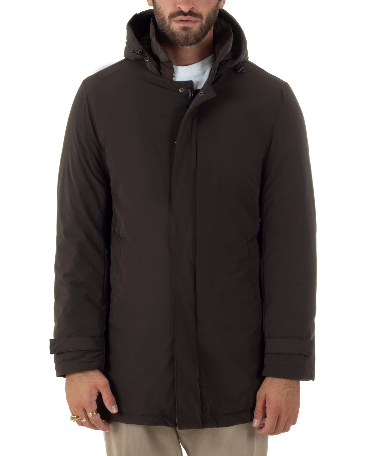 Giubbotto uomo tessuto tecnico imbottito con collo alto e cappuccio marrone GIOSAL-G3426A