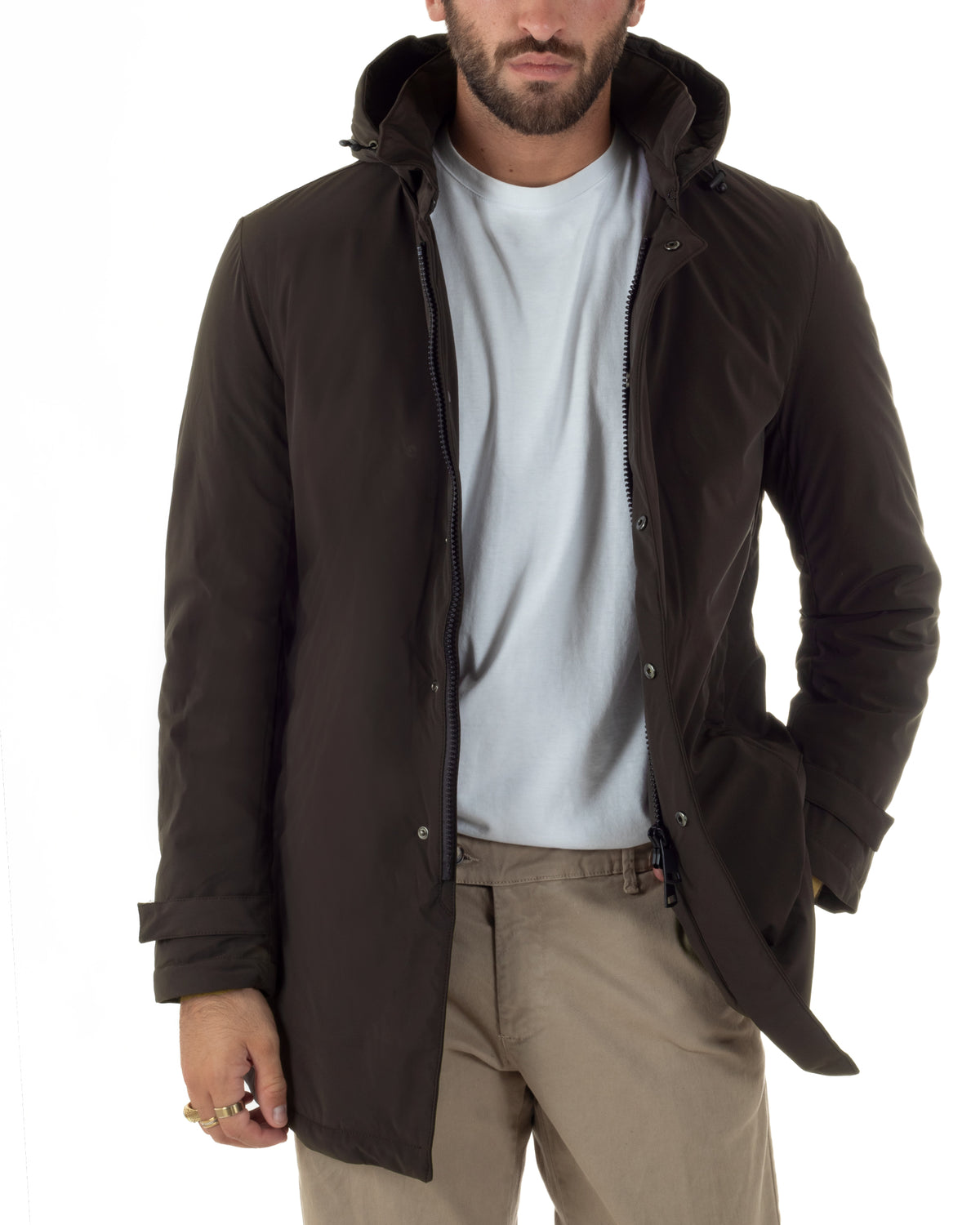 Giubbotto uomo tessuto tecnico imbottito con collo alto e cappuccio marrone GIOSAL-G3426A