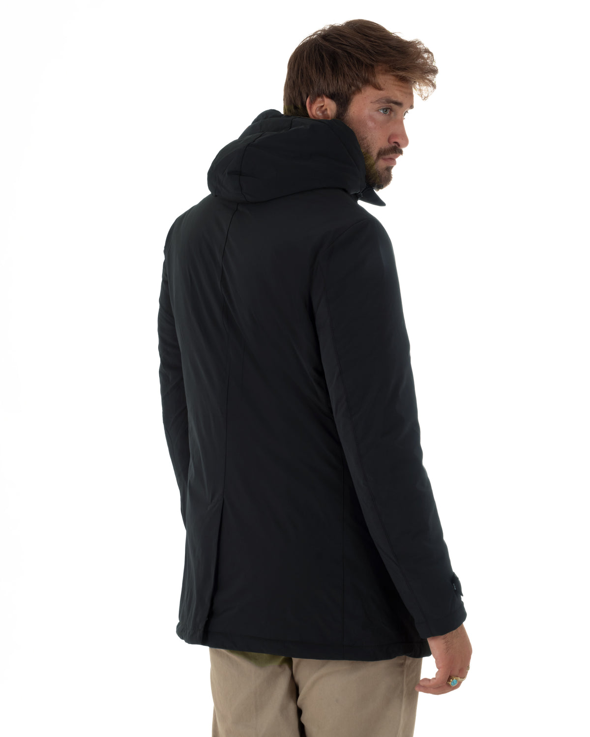Giubbotto uomo tessuto tecnico imbottito con collo alto e cappuccio blu GIOSAL-G3427A