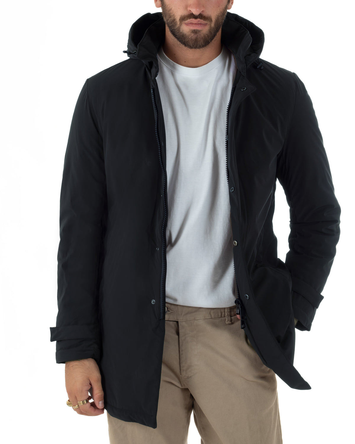 Giubbotto uomo tessuto tecnico imbottito con collo alto e cappuccio blu GIOSAL-G3427A
