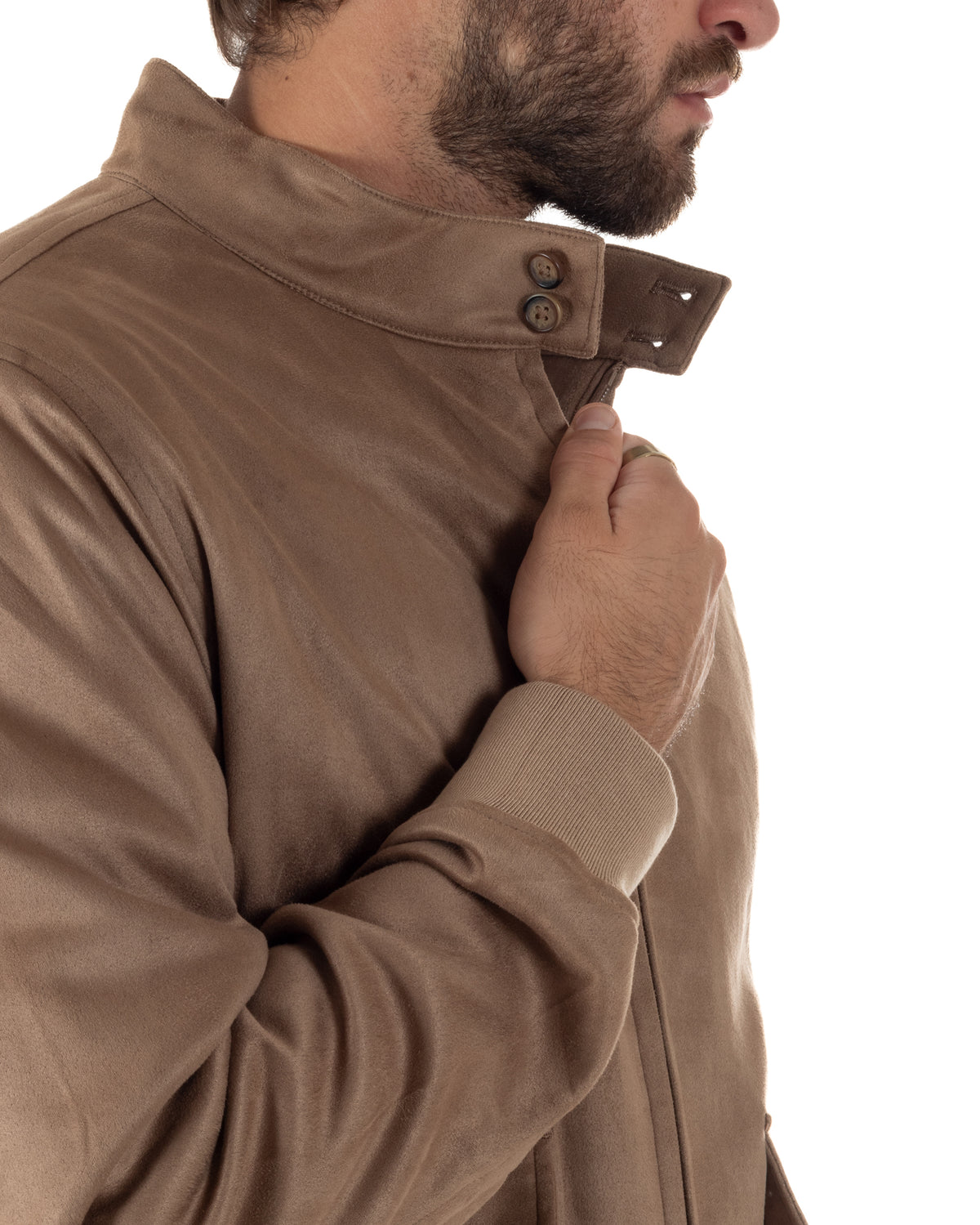 Collo alto con due bottoni e polsino in maglia a coste del giubbotto uomo beige GIOSAL