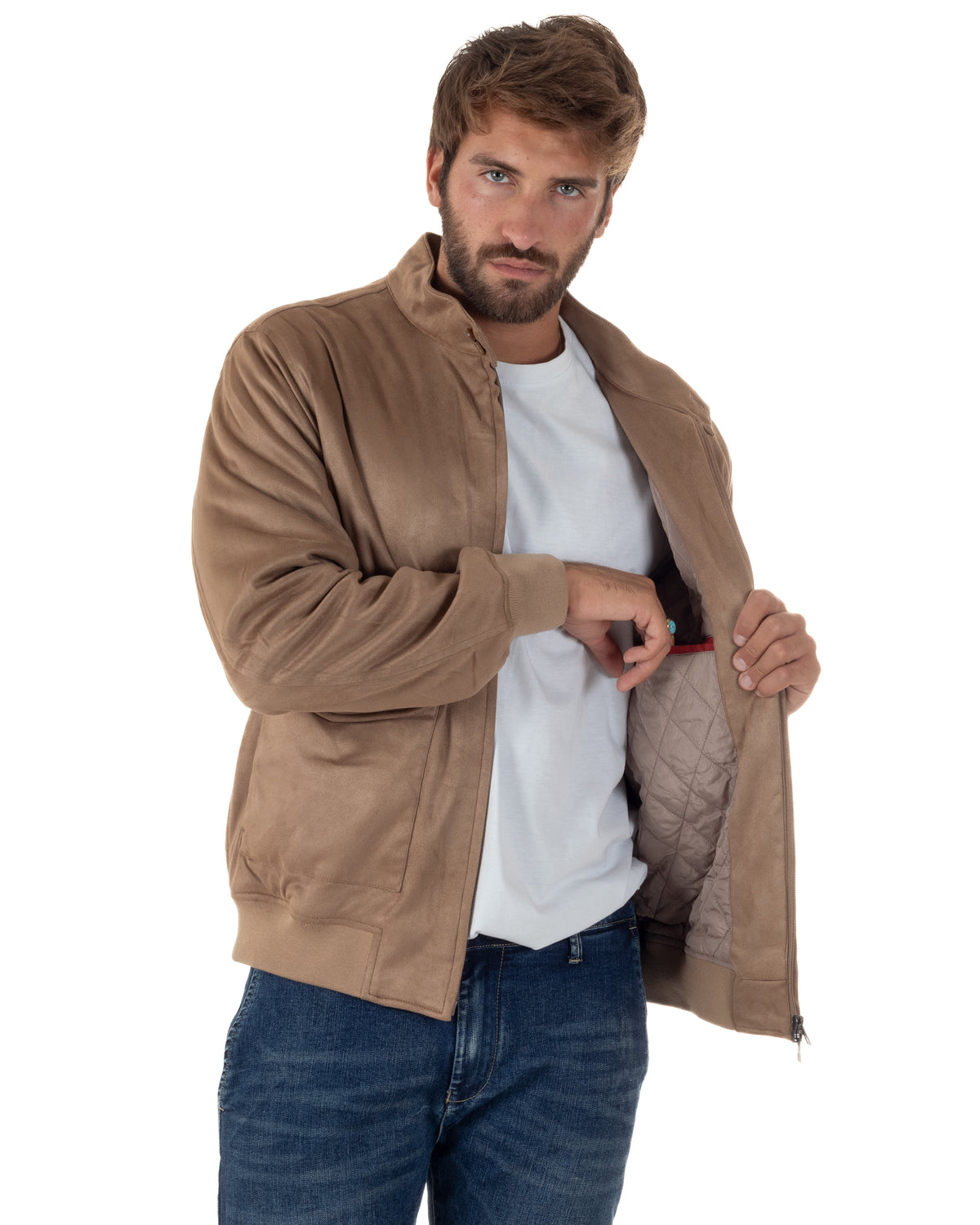 Fodera trapuntata a rombi e tasca interna del giubbotto beige GIOSAL.