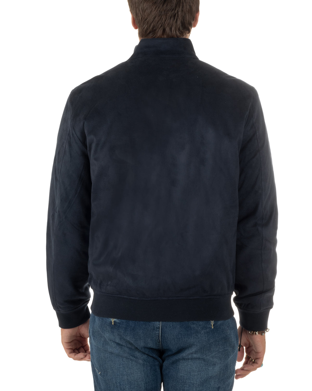 Dorso liscio del bomber GIOSAL effetto camoscio blu, con collo rialzato e fascia elasticizzata sul fondo.