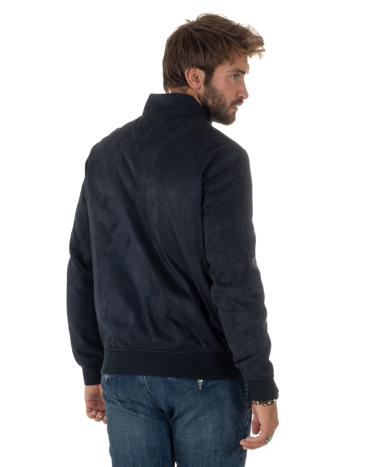 Giubbotto bomber uomo camoscio zip collo alto e tasche blu GIOSAL-G3431A