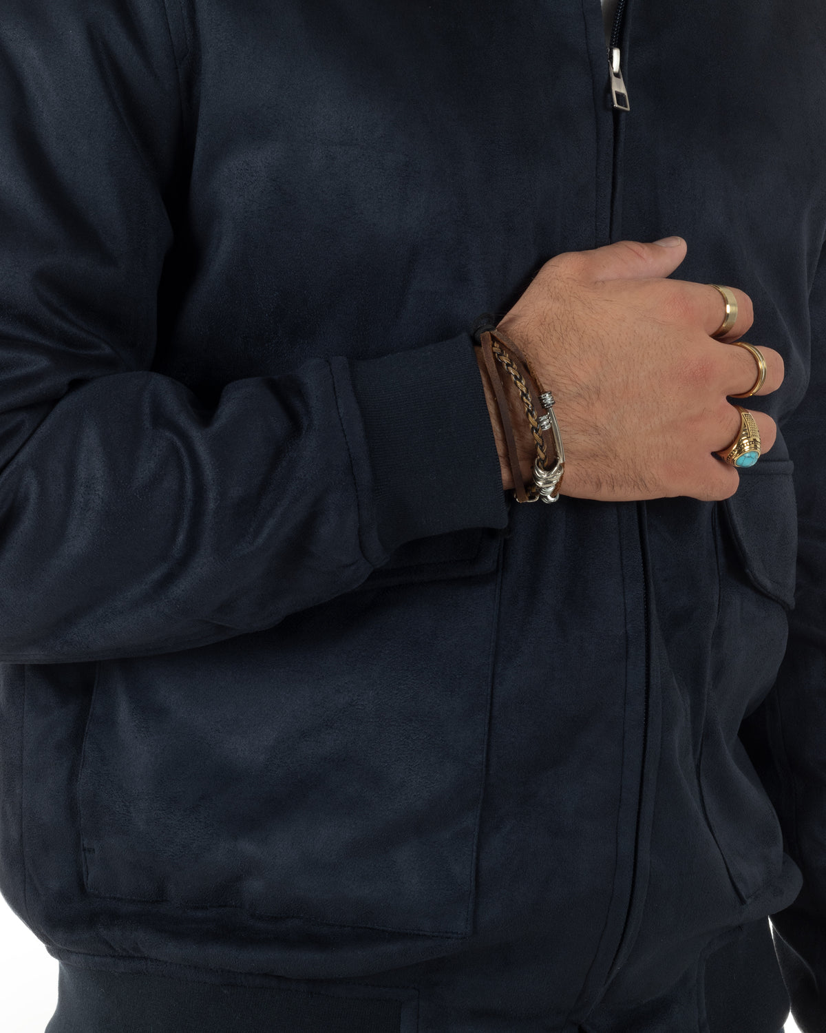 Giubbotto bomber uomo camoscio zip collo alto e tasche blu GIOSAL-G3431A