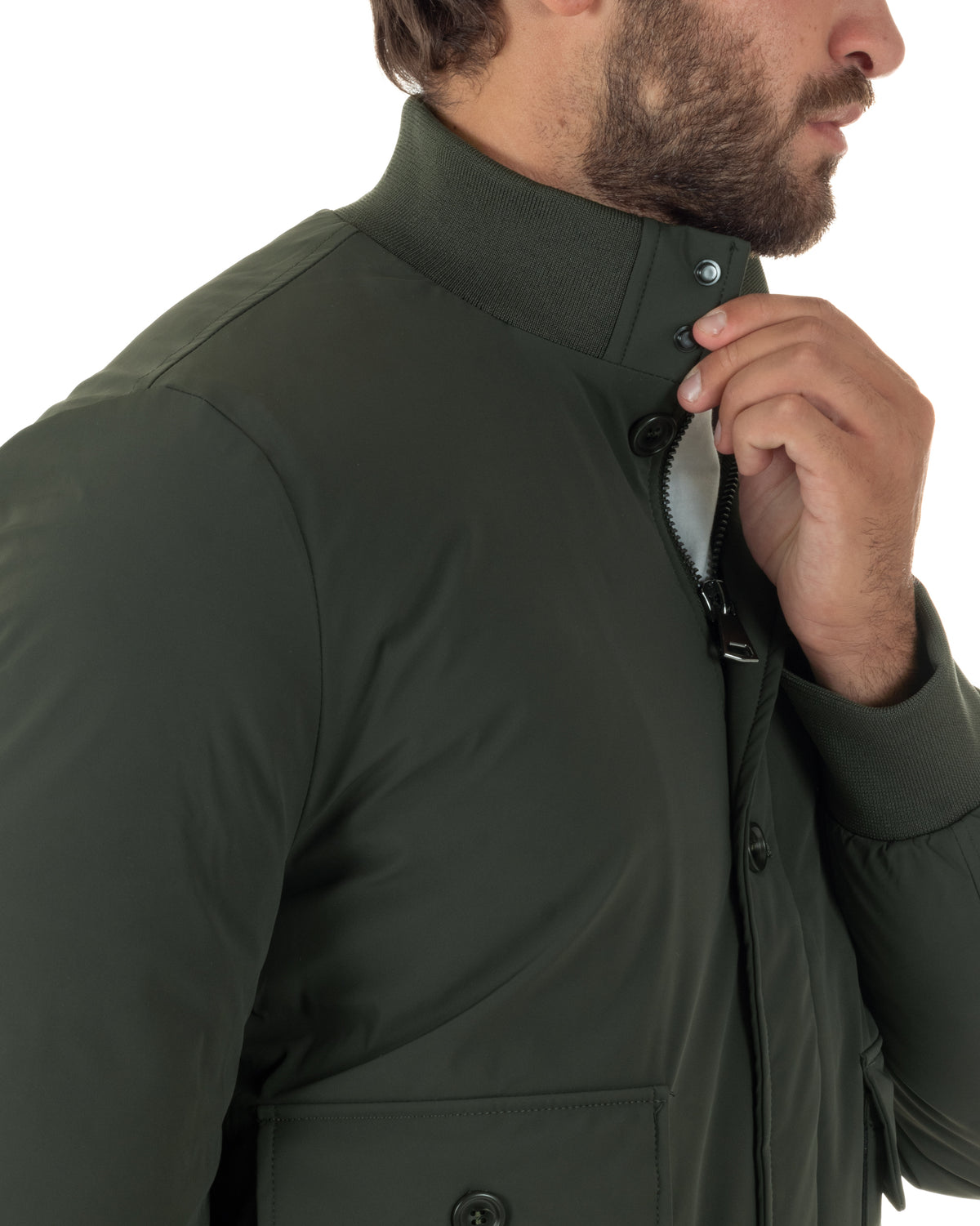 Collo alto con bottoni a pressione e zip del bomber uomo verde GIOSAL