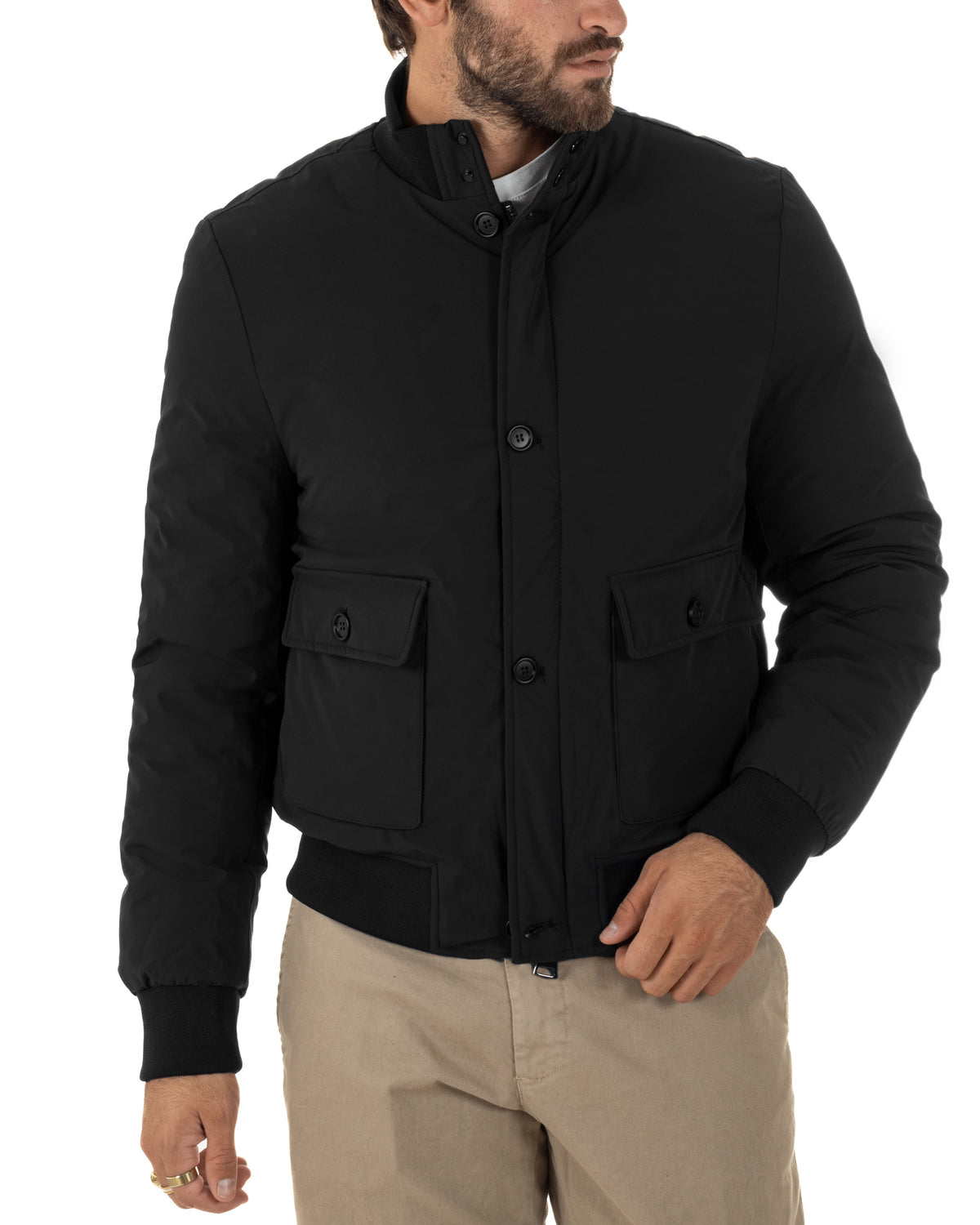Giubbotto bomber uomo tessuto tecnico impermeabile collo alto tasconi nero GIOSAL-G3435A
