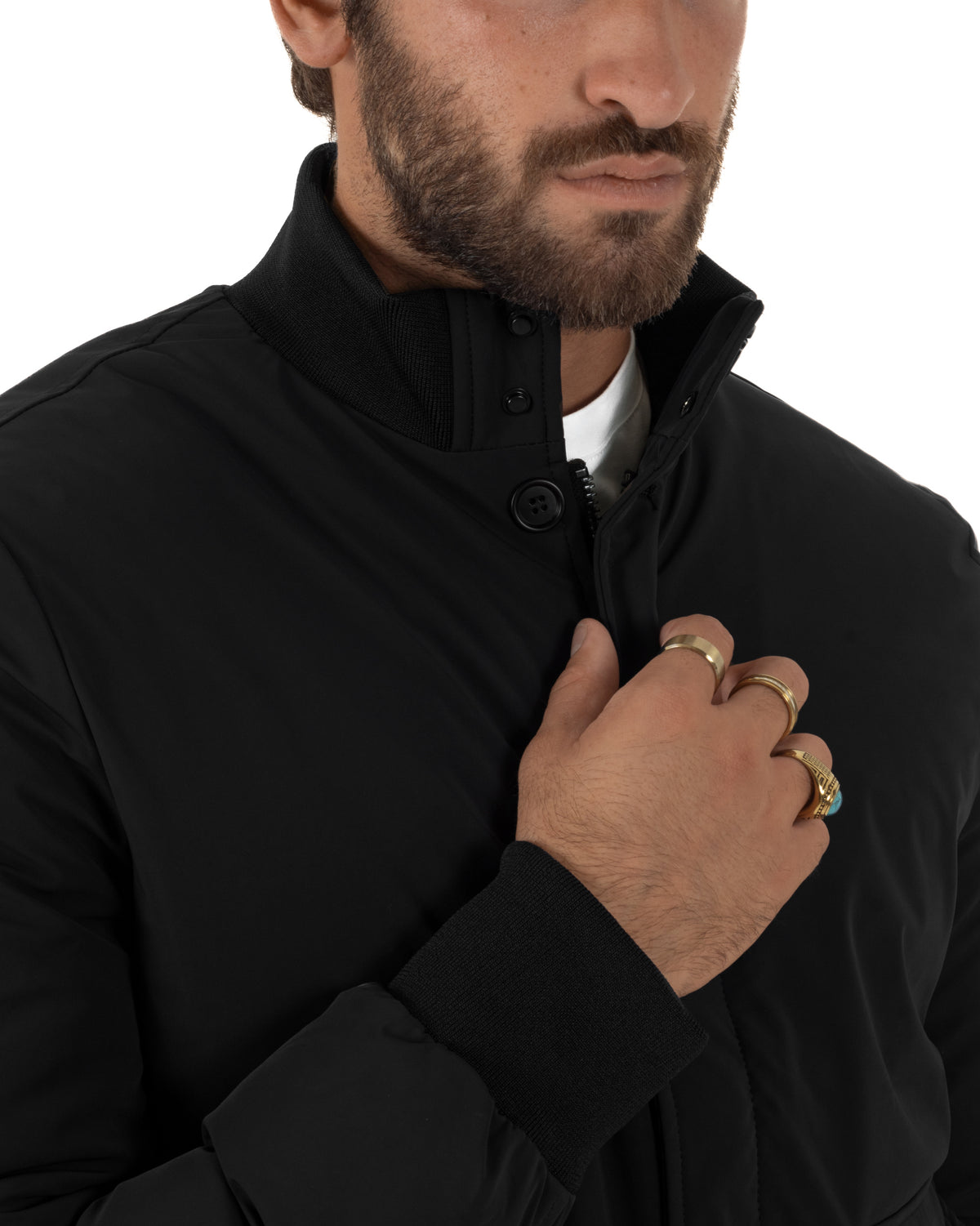 Collo alto con bottoni a pressione e zip del bomber uomo nero GIOSAL